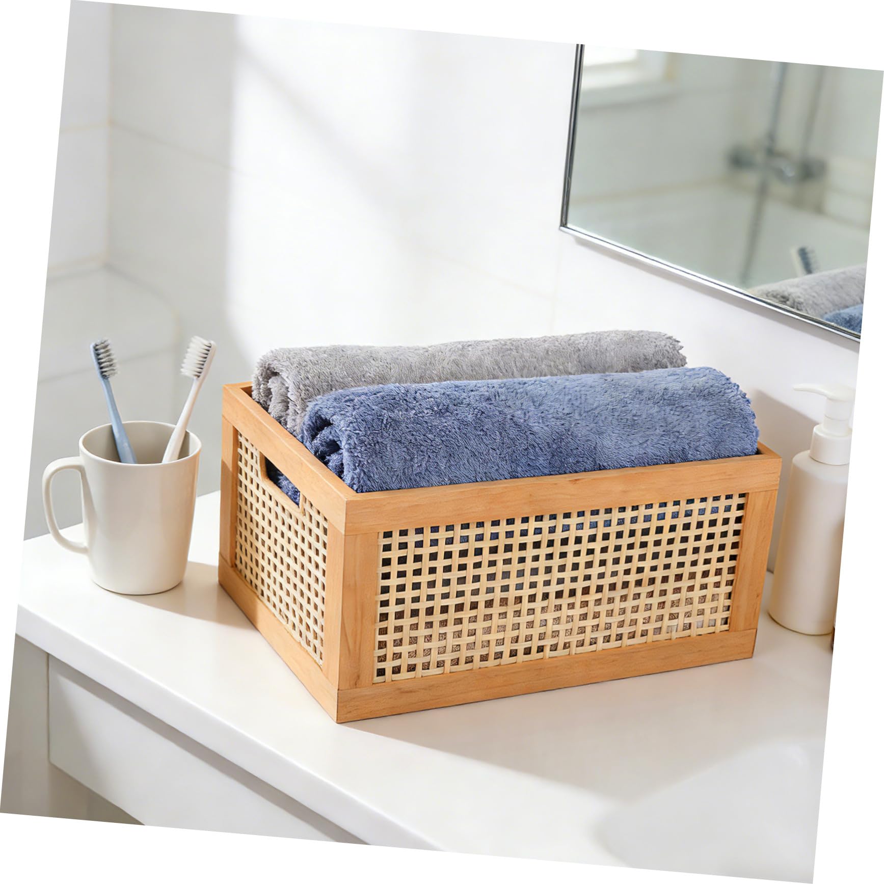 Scatola Portaoggetti in Legno Sintetico Leggero e Facile da Maneggiare Design Vintage Intrecciato, per L'organizzazione Cosmetici e Arredamento Casa, 35x25x16 Cm