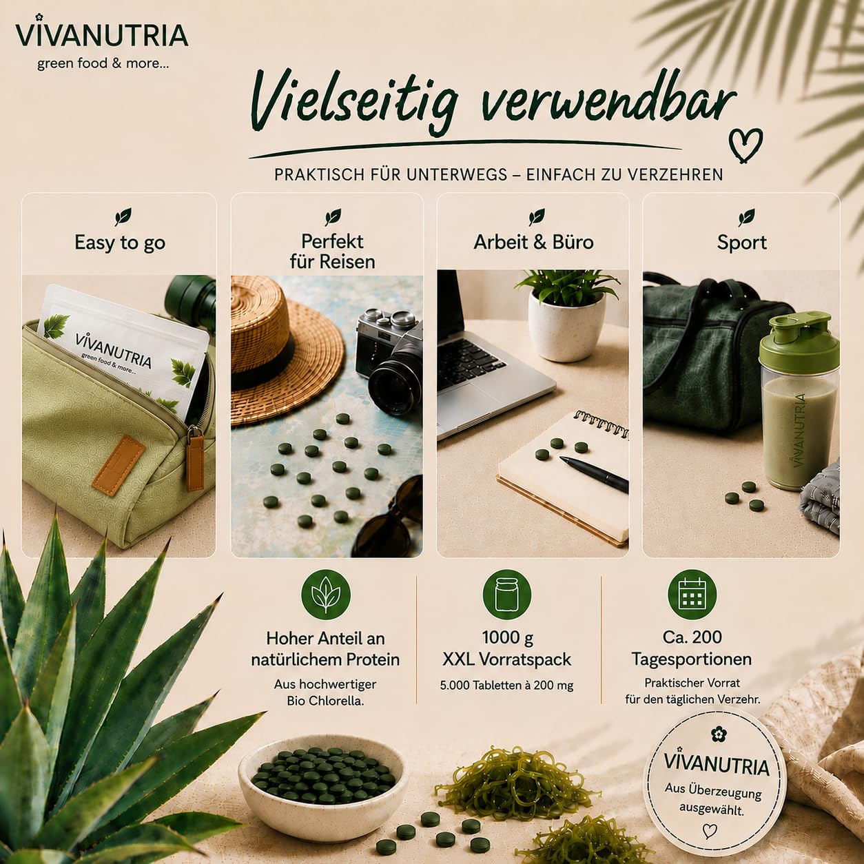 VivaNutria Bio Chlorella Tabletten 1000g | 5000 Presslinge | 100% reine Bio Algen-Tabletten ohne Zusätze | 6-Monats-Packung | hochdosiert | biozertifiziert | Zip-Beutel | vegan