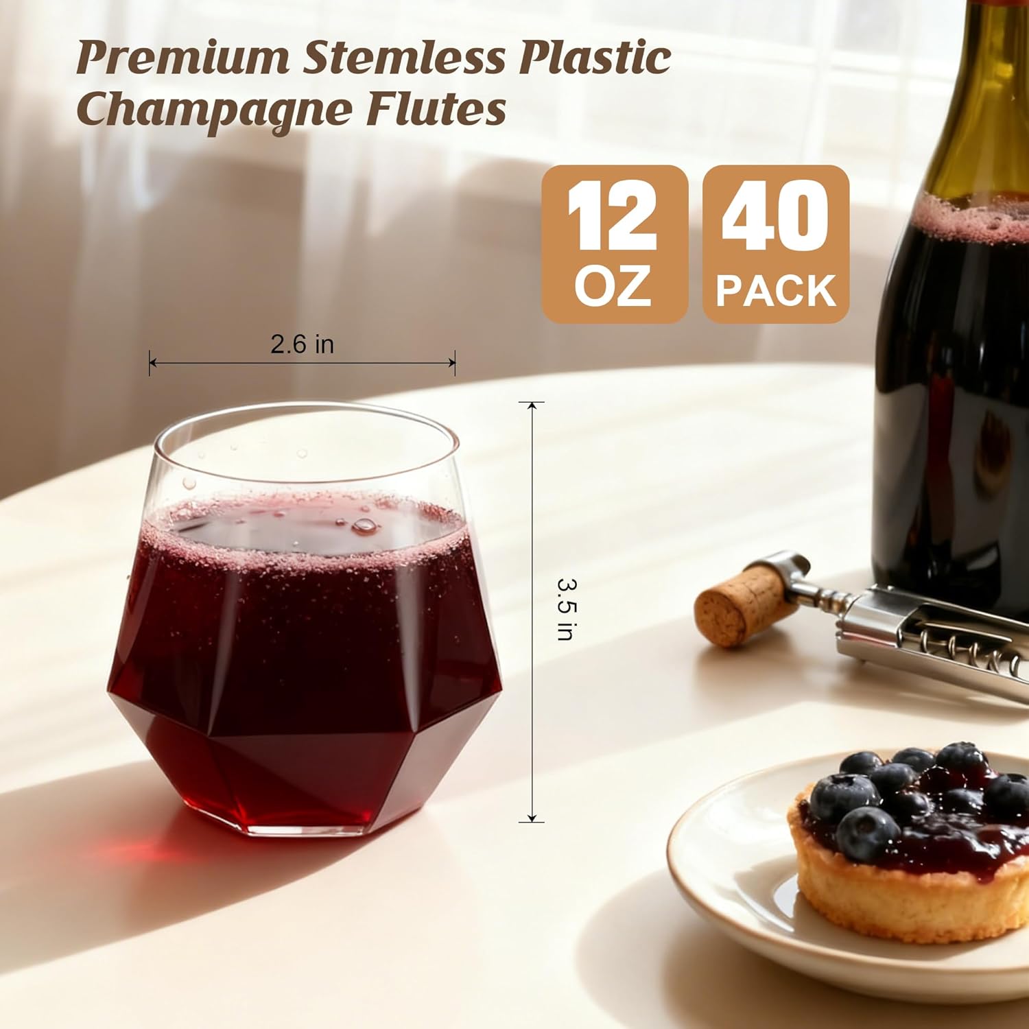 40 Pack 12oz Diamond Plastic Wine Glasses, Disposable Stemless Wine Cups - Shatterproof, Unbreakable & BPA-Free, Recyclable Drinkware for Wedding Reception, Birthday Party, New Year, Holidays & Events - Image 2