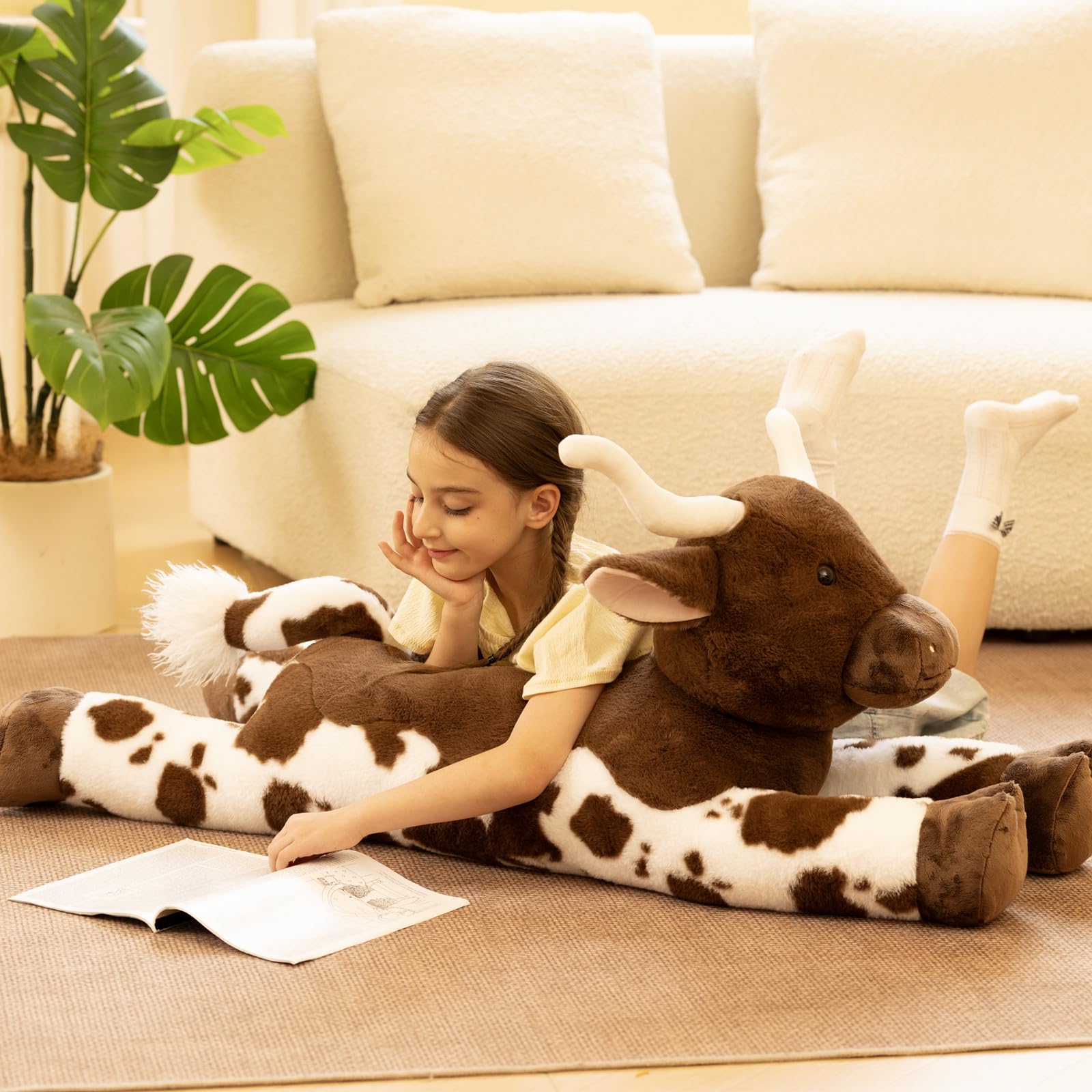 KERTA 43.3 Giant Longhorn Cow Stuffed Animal, Hugging Fluffy Stuffed Cow Plush Body Pillow, Realistic Large Texas Longhorn Bull Farm Plush Toy for Boys Girls 6