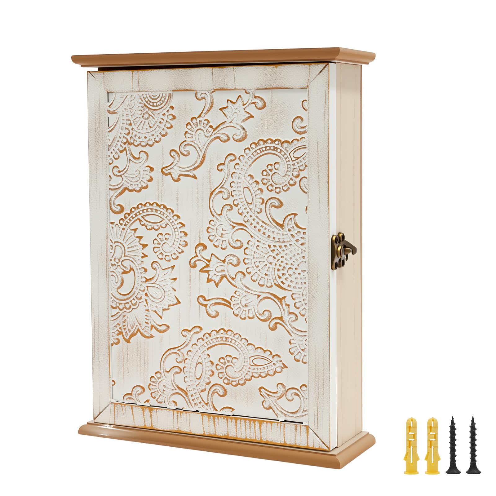 Lulobtg White Wood Key Cabinet For Wall, Wooden Key Box Wall Mounted, Vintage Decorative Keys Hanging Holder With 6 Hooks, Farmhouse Keys Hanger Cupboard For Home Office Entryway Doorway Hallway Decor