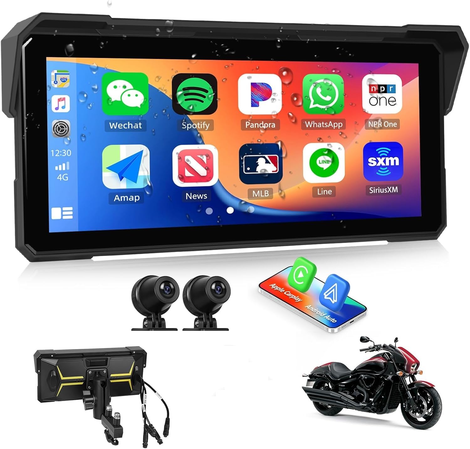 Nawigacja motocyklowa Carplay z wyświetlaczem 7" z systemem Android, w zestawie kamera i dvr z okrągłym mocowaniem kierownicy 7 cali prezent świąteczny z uchwytami samochodowymi i motocyklowymi