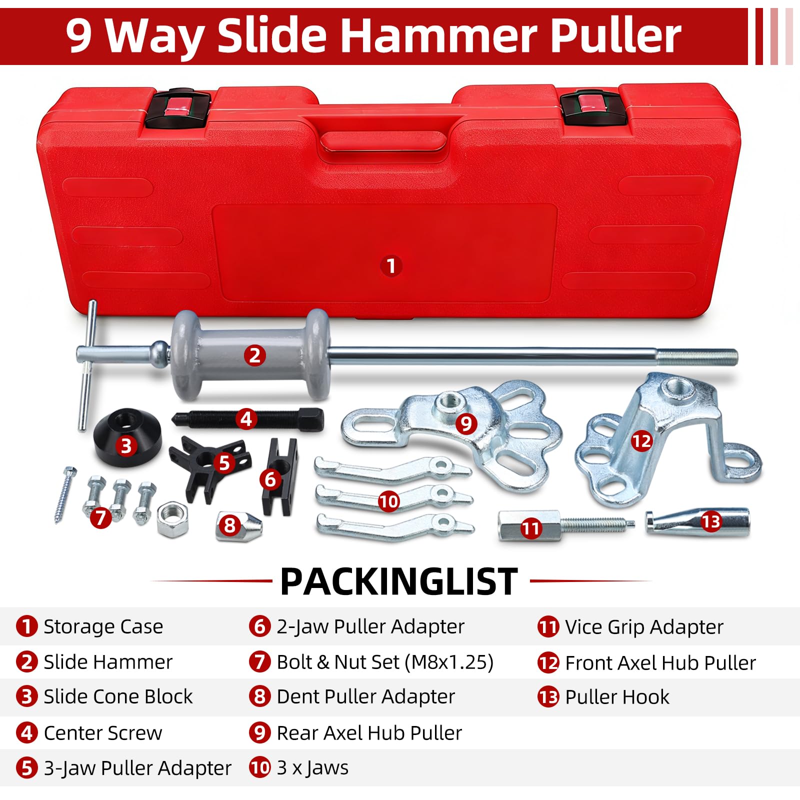 FreeTec 9-in-1 Radlager Abzieher Radnabenabzieher Gleithammer Satz, 3 Backen Lager Innenlager Auszieher Innenabzieher, Vorder-/Hinterradnabe Abzieher Gleithammer Dentzieher für Autoreparatur (Rot)