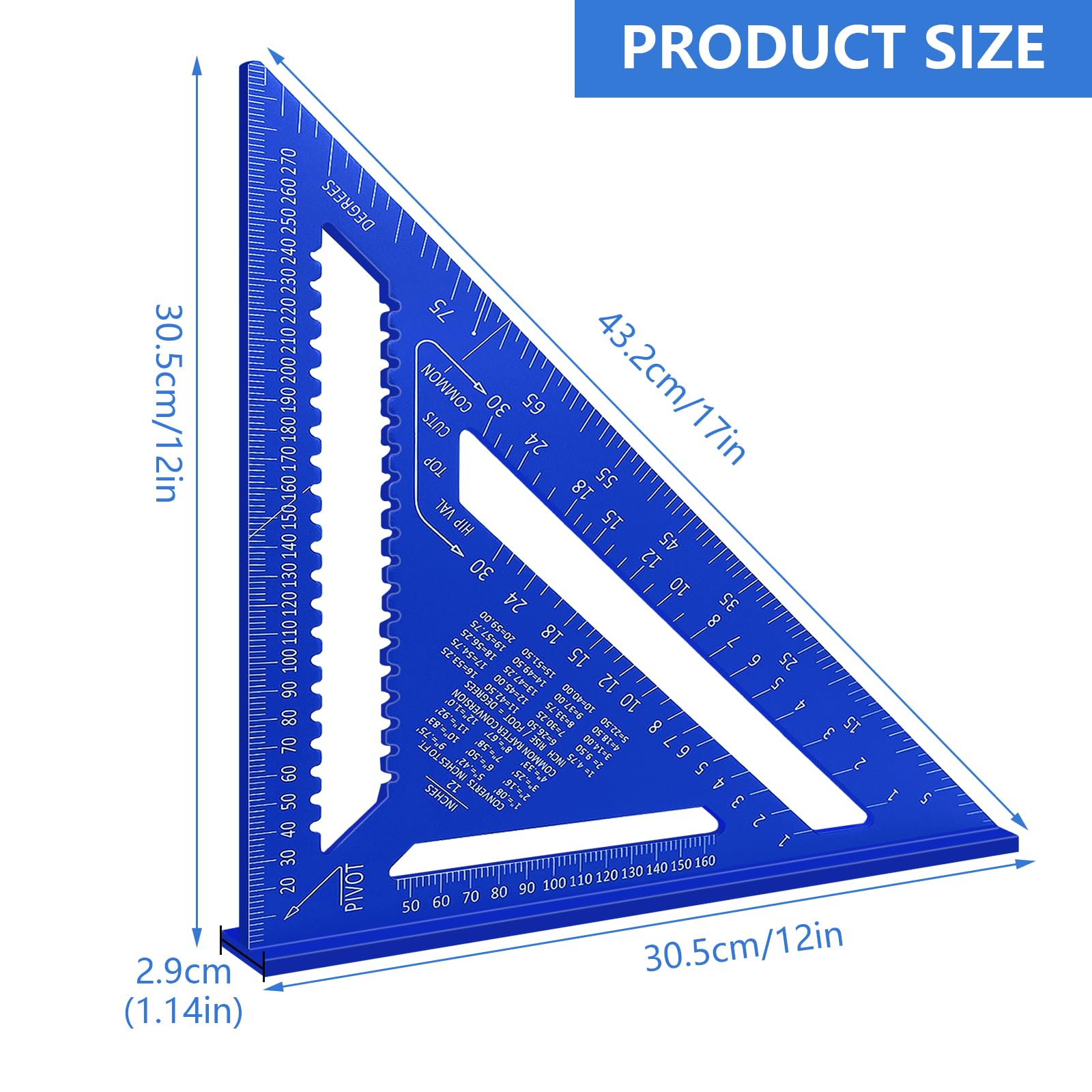 Équerre Menuisier 30cm en Aluminium, Équerre de Charpentier Triangulaire 45° 90°, Règle de Mesure Métallique Multifonction pour Menuiserie (Bleu)