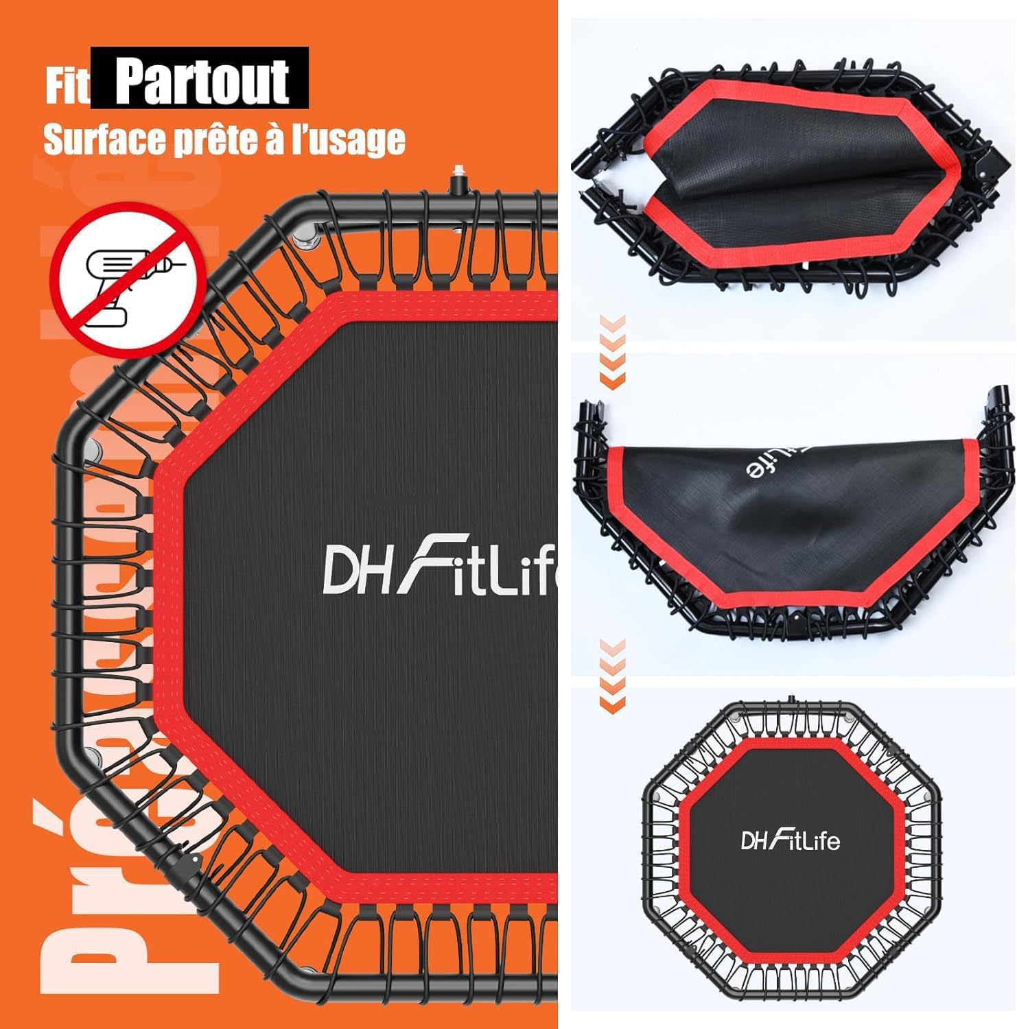 DH FITLIFE Trampoline de Fitness intérieur Pliable sans Installation | Ø121 cm (48 Pouces) | capacité de Charge 150 kg | 3 Niveaux de poignées réglables | Stable et Silencieux