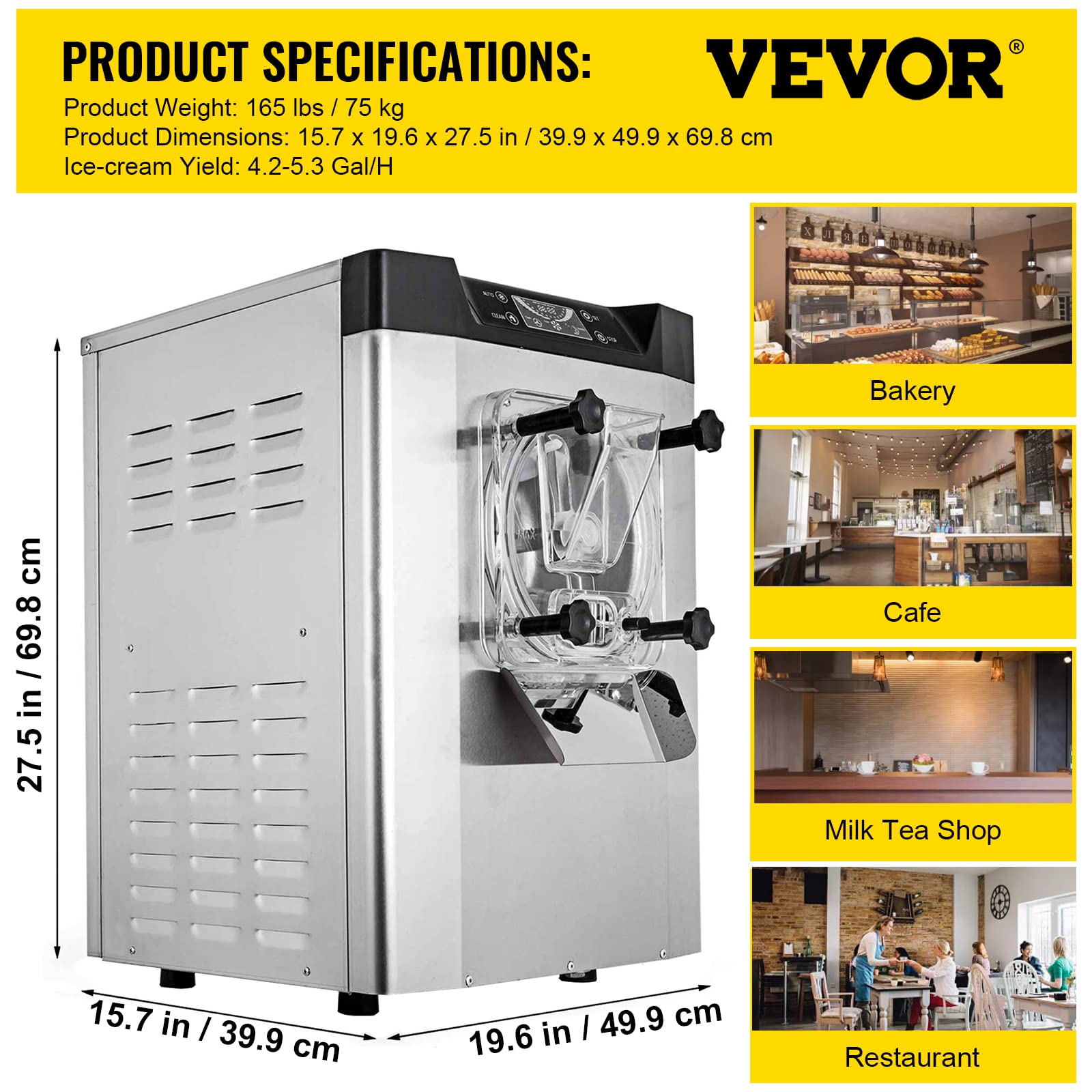 VEVOR Macchina per Icecream Duro Commerciale in Acciaio Inox 1400W Macchina per Gelato Duro Uso Commerciale 16-20 L/H, Macchina per Icecream Velocità 3000 giri/min ca. da Ristorante Hotel Albergo