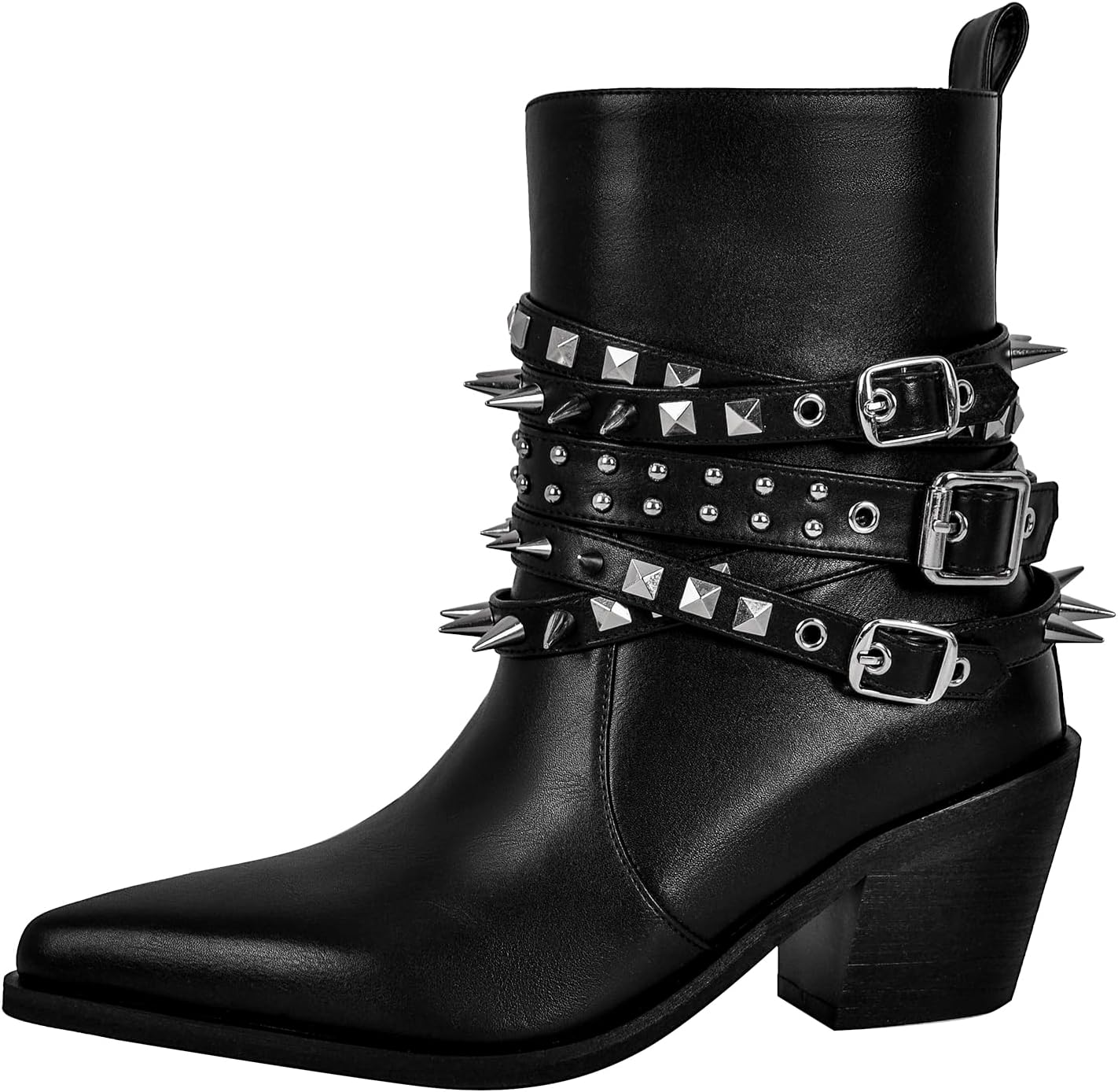 richealnini Studded Belt Buckle Strap Heels Biker Riding Boots for Women with Rivets Zip Up Block Heels Ankle Boots