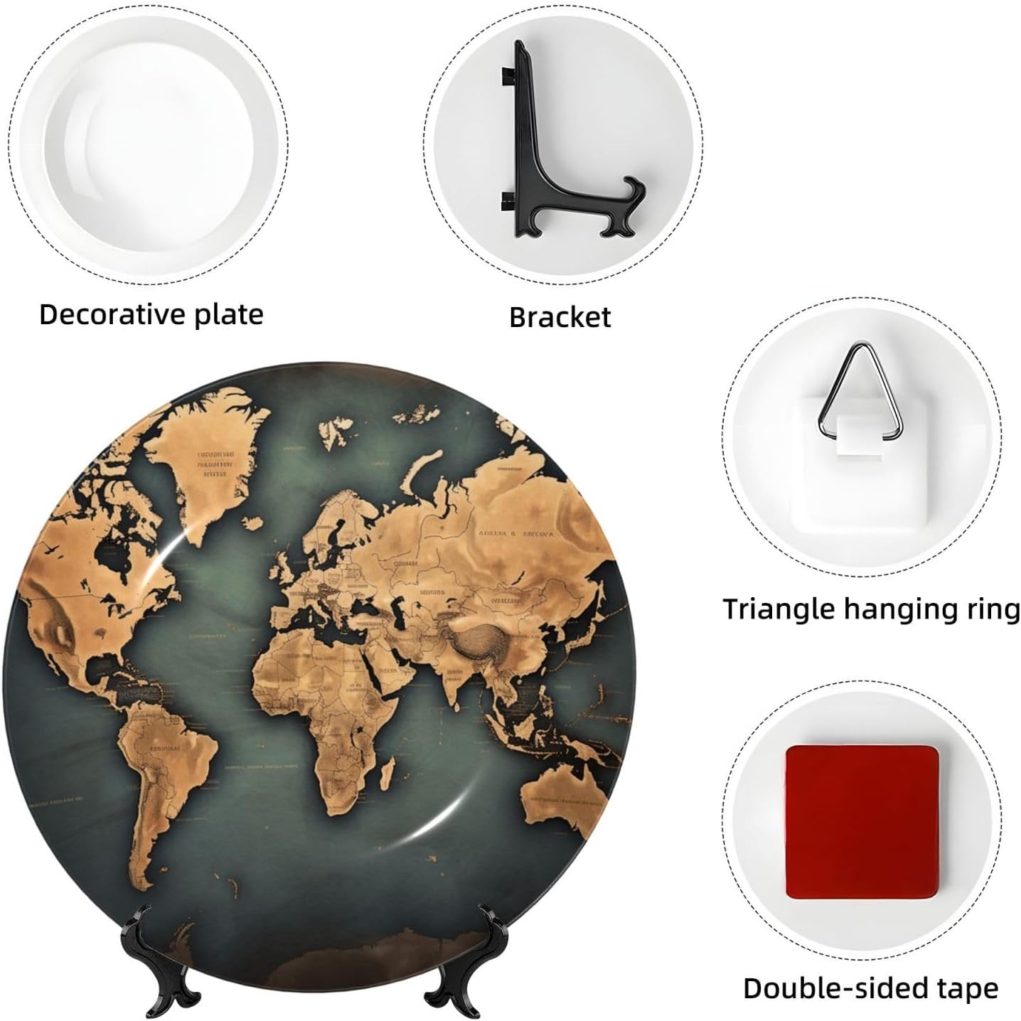 Bone China Decorative Plate with Display World Map Continents Ceramic Plates Crafts Art Decor Dessert Plate Ceramic Ornament Porcelain Plates for Living Room Kitchen Table Home Decor