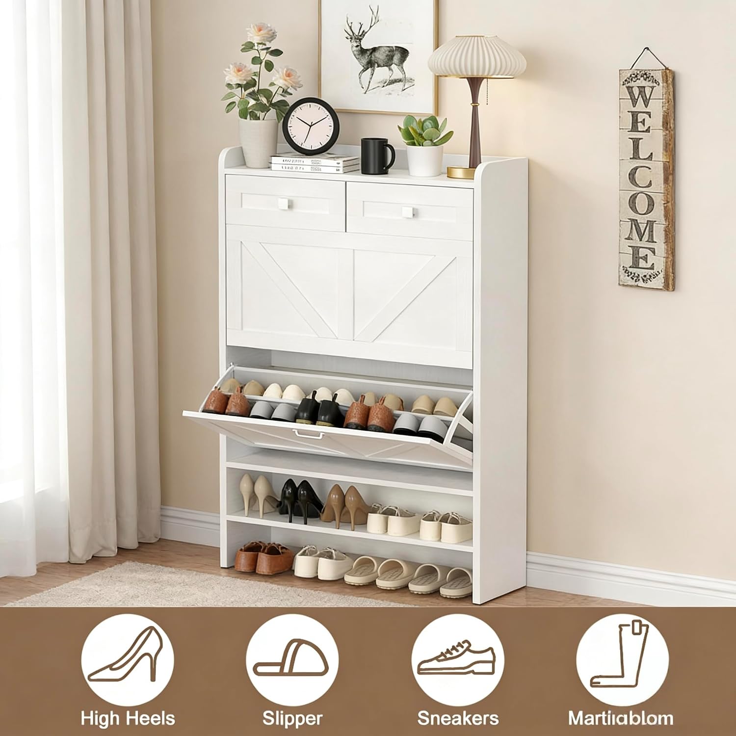Shoe Cabinet with 2 Flip Drawers & 2 Storage Drawers, Freestanding Shoe Storage Cabinet, Space-Saving Farmhouse Entryway Hidden Cabinet, 51'' Tall Narrow Shoe Rack for Hallway, Front Door (White)