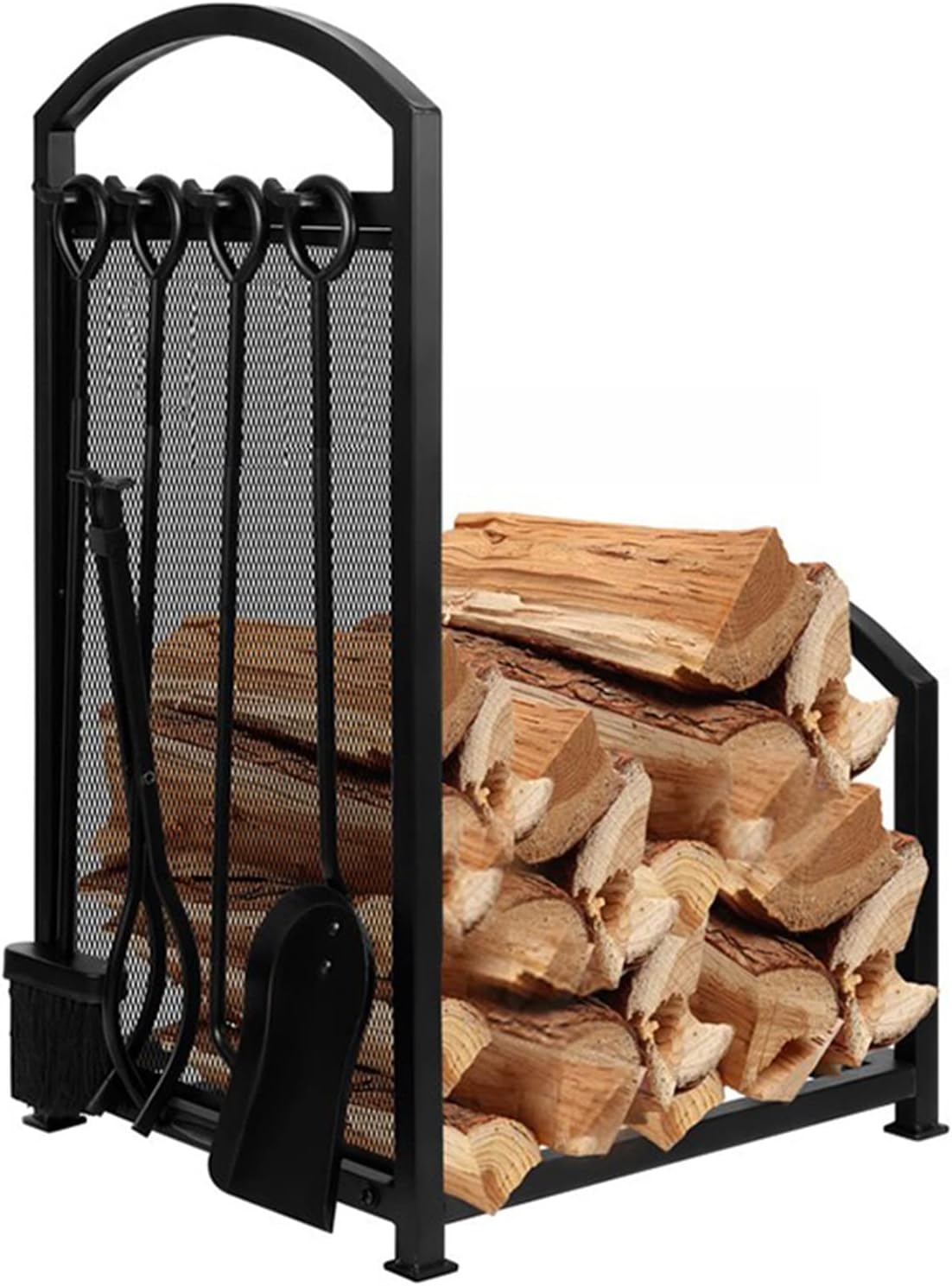 Small Fireplace Log Rack with 4 Tools Black Wrought Iron Fireside Holders for Patio Firepit/Lumber Store Outdoor Logs Bin Shelf,