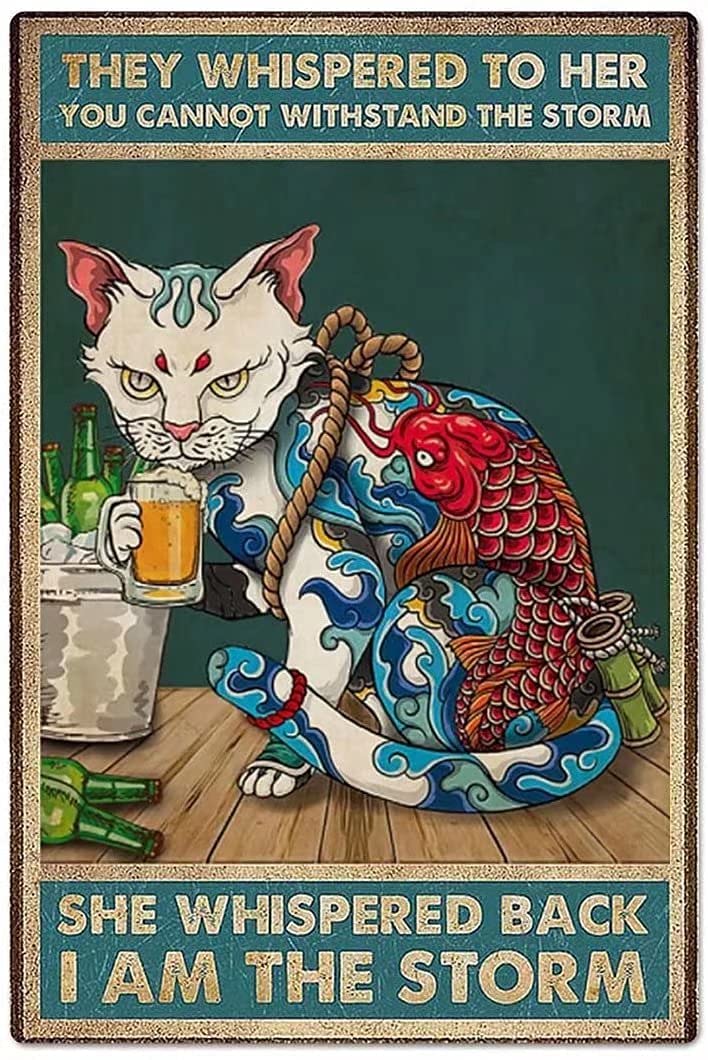 Tin Sign Beer Tattoo Cat Vintage Retro Collectible tin Sign Wall Decoration Poster Home bar Restaurant Garage Cafe Art Metal Sign Gift 12x16 Inch