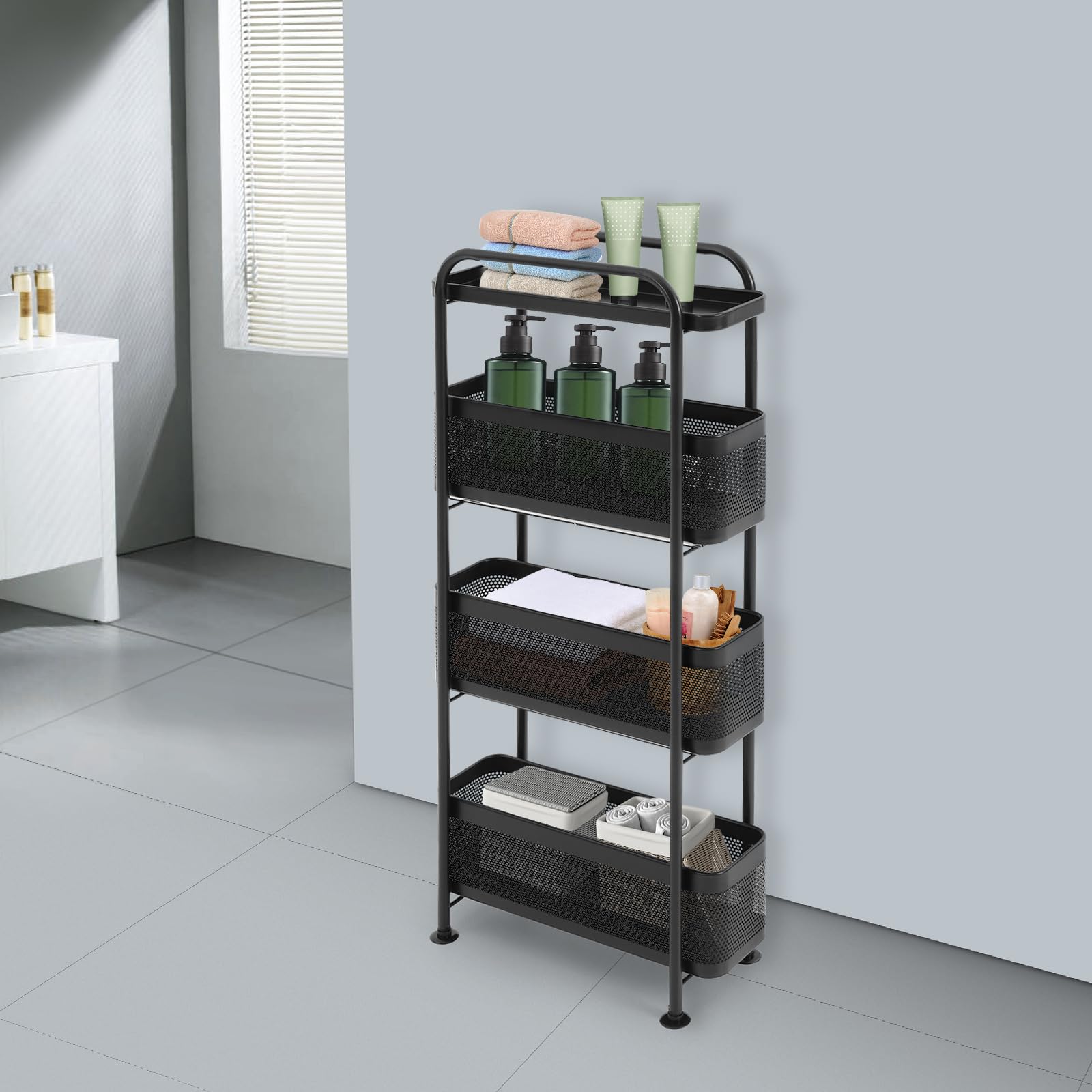 Carro enrollable estrecho 4 niveles, carro de almacenamiento para espacio estrecho, cajón deslizante, 15 cm, ancho, 4 ruedas, 2 frenadas, acero carbono, para cocina, cuarto de baño, sala de estar