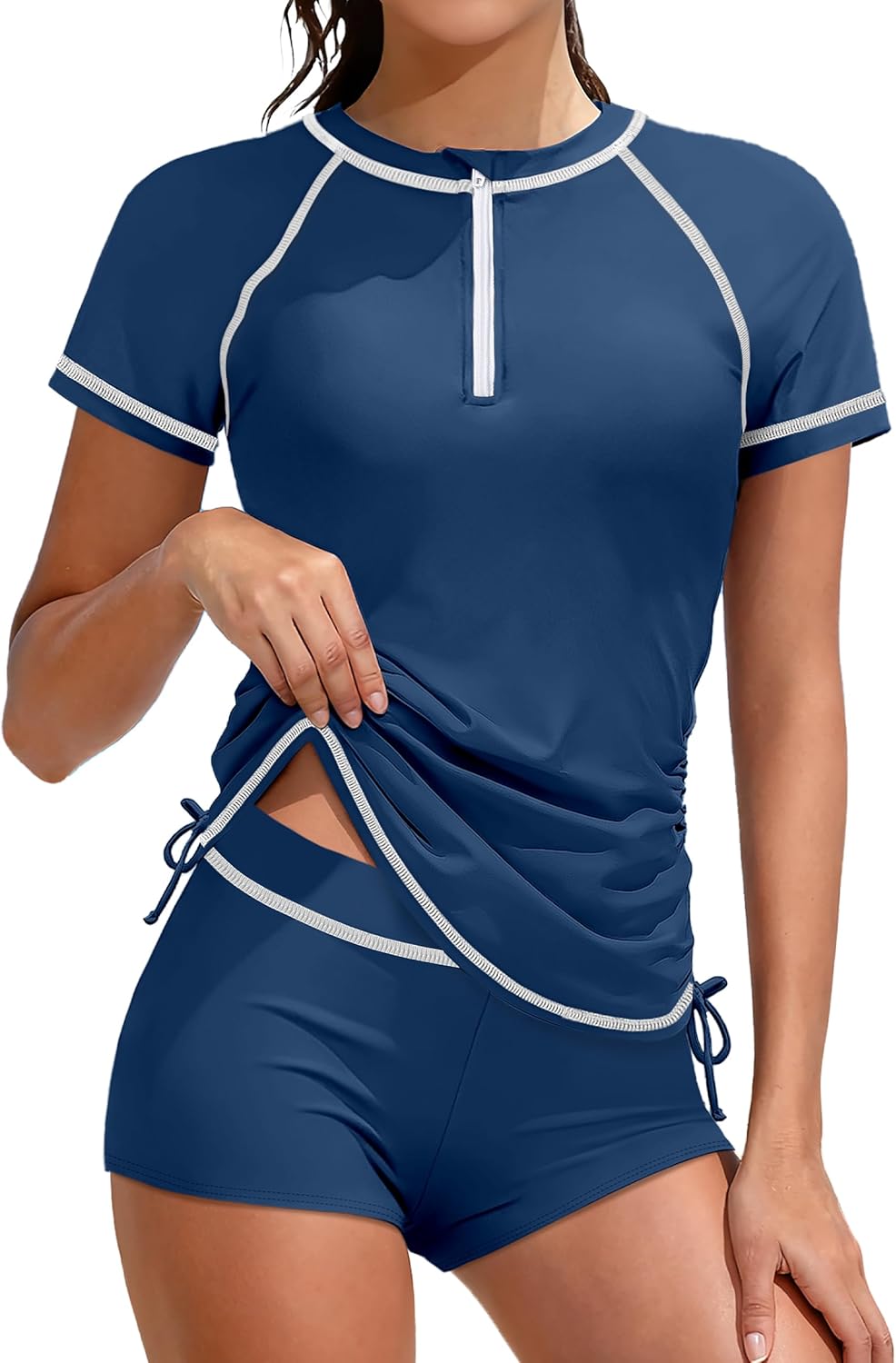 Girls Swimsuit Rash Guard Bathing Suit for Girls 2 Piece Short Sleeve Solid Color UPF 50+ Padded Zip Swimwear 7-18y