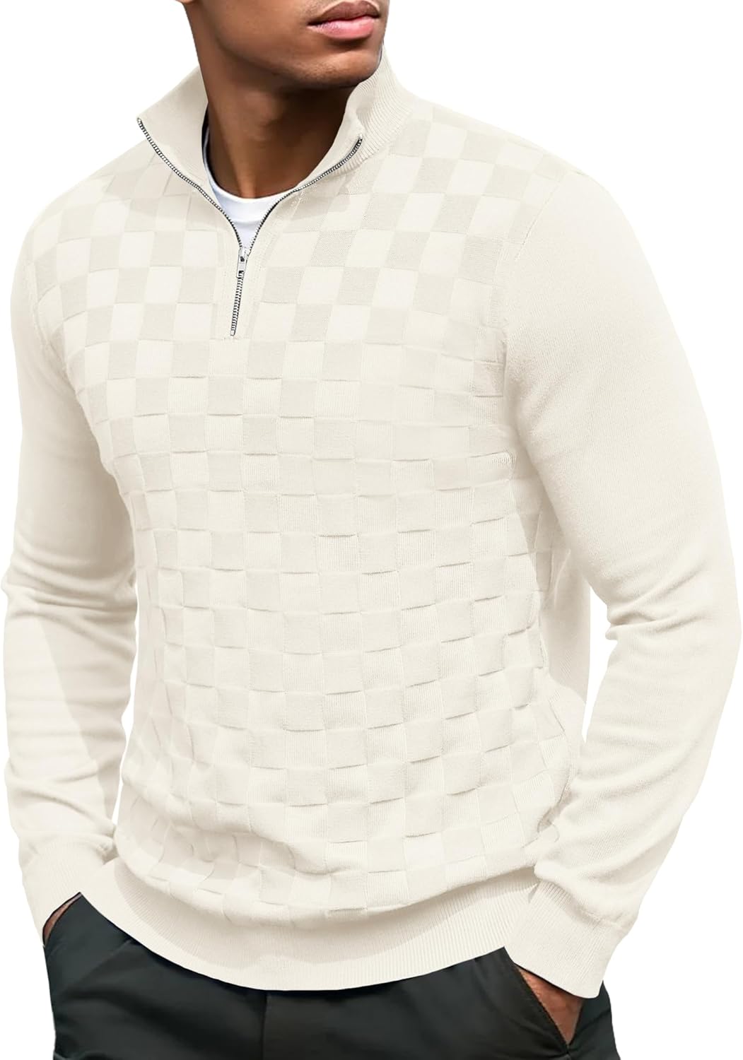 COOFANDY Quarter Zip Pullover Men Dress Sweaters Long Sleeve Jacquard Checkered Sweater