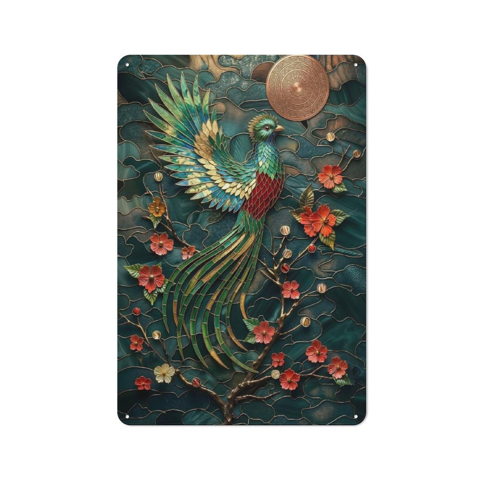 Bird with Flowers Stained Glass Vintage Metal Sign 30x20cm for Hobby Room Or Studio, Housewarming Present for People Styling Hobby Room And Studio