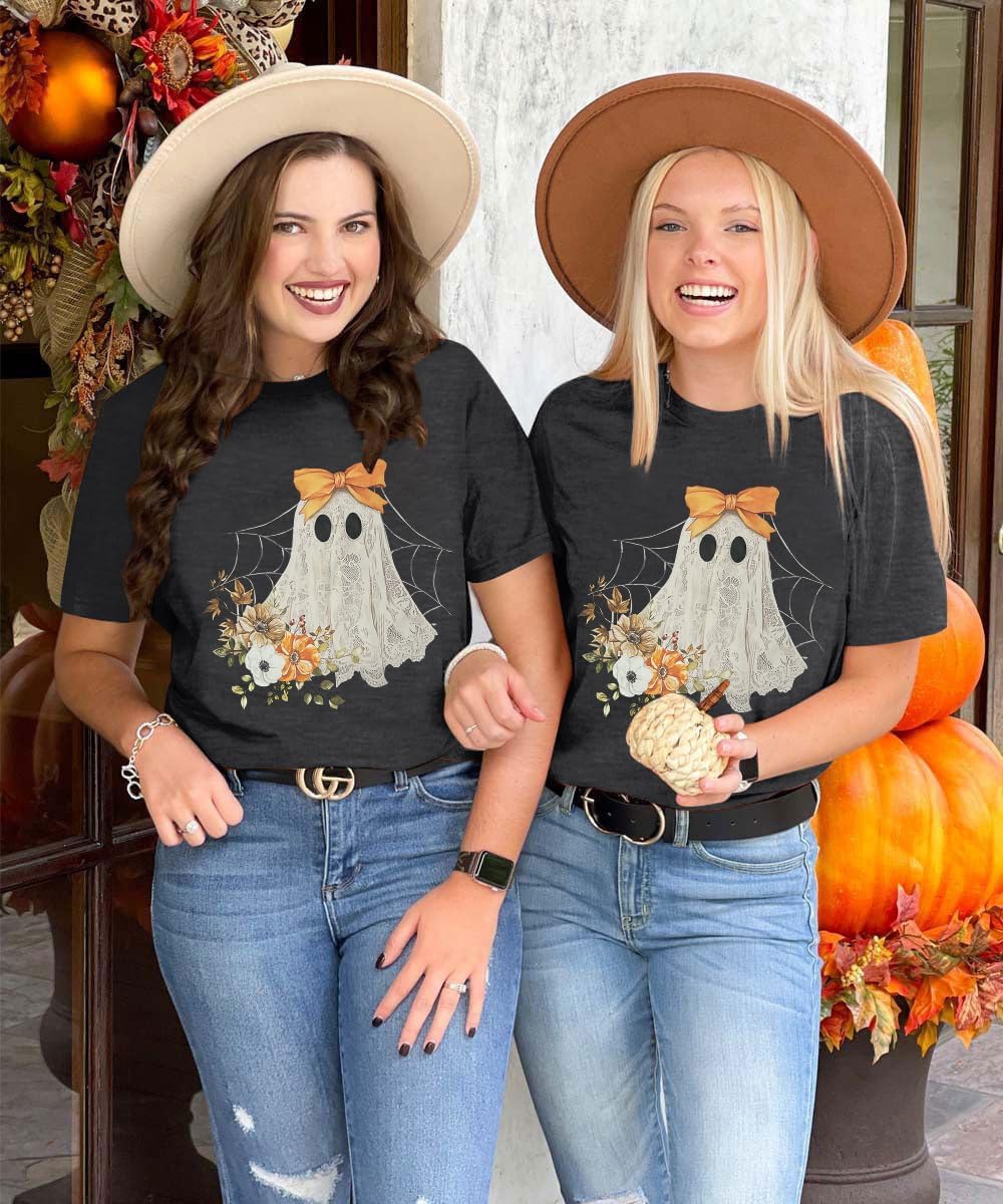 Halloween Shirts for Women Halloween Ghost T-Shirt Bow Ghost Graphic Tees Casual Spooky Season Tee Tops - Image 5