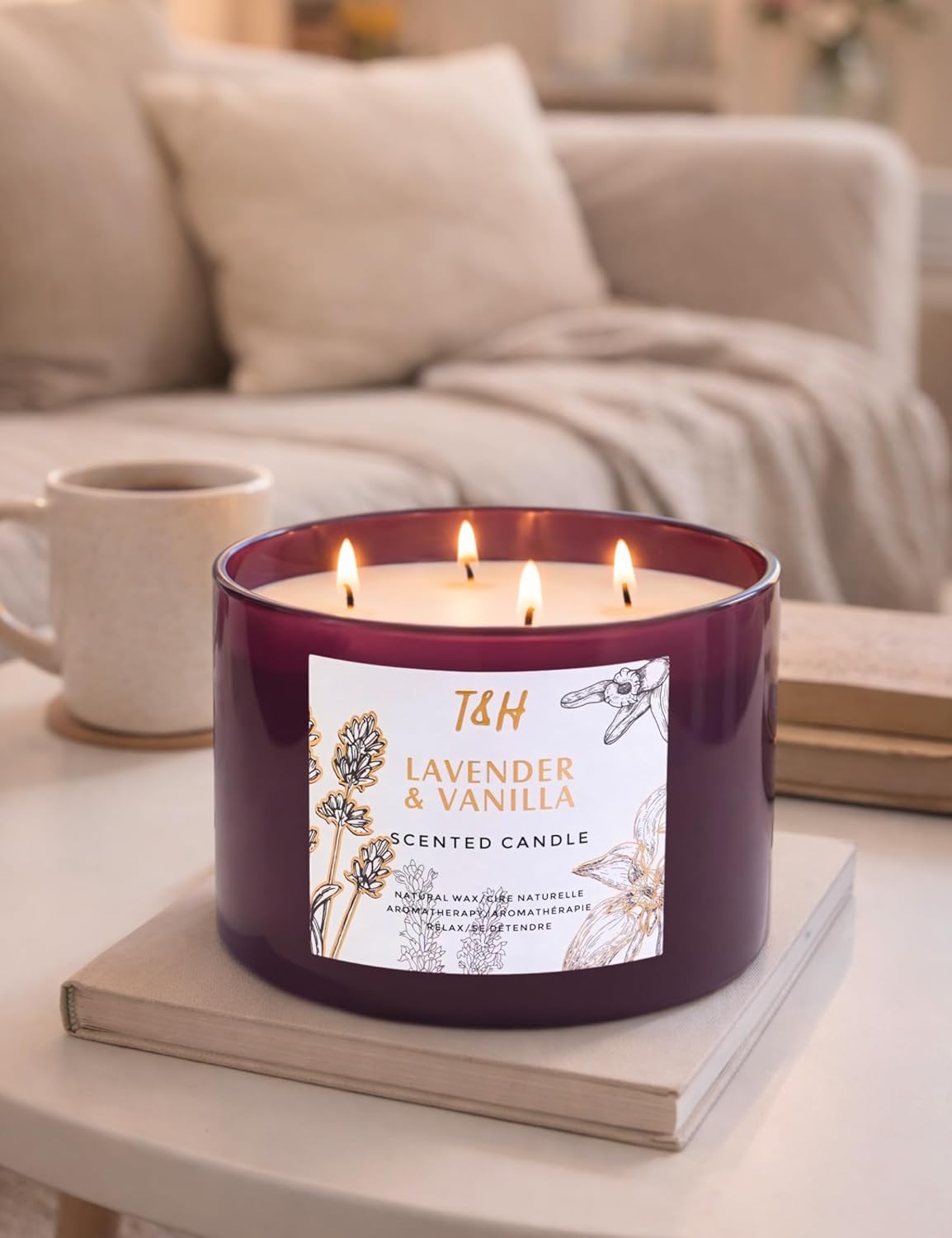 Lavender Vanilla Scented Candle | Large 4-Wick Soy Candle for Home 20 oz | Calming Aromatherapy Candle | Long Lasting Clean Burn | Relaxing Gift for Women & Men