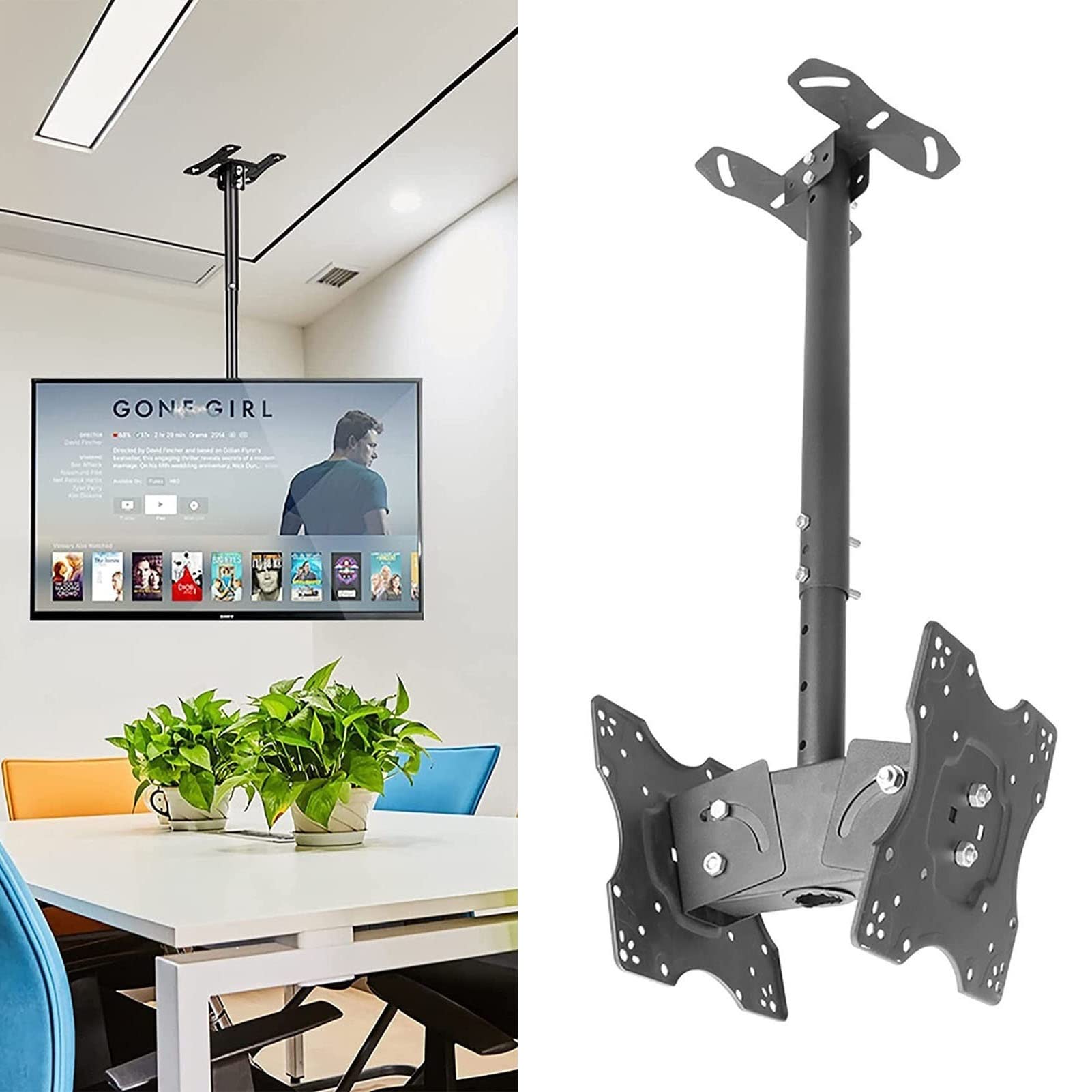 Support TV plafond double face inclinable pour 2 écrans 20 à 32 pouces