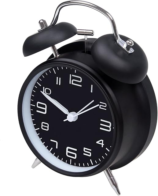 jiemei 4 Twin Bell Alarm Clock Battery Operated, Loud Mechanical Wind-Up Alarm Clock with Stereoscopic Dial, Nightlight, Non Ticking(Black)