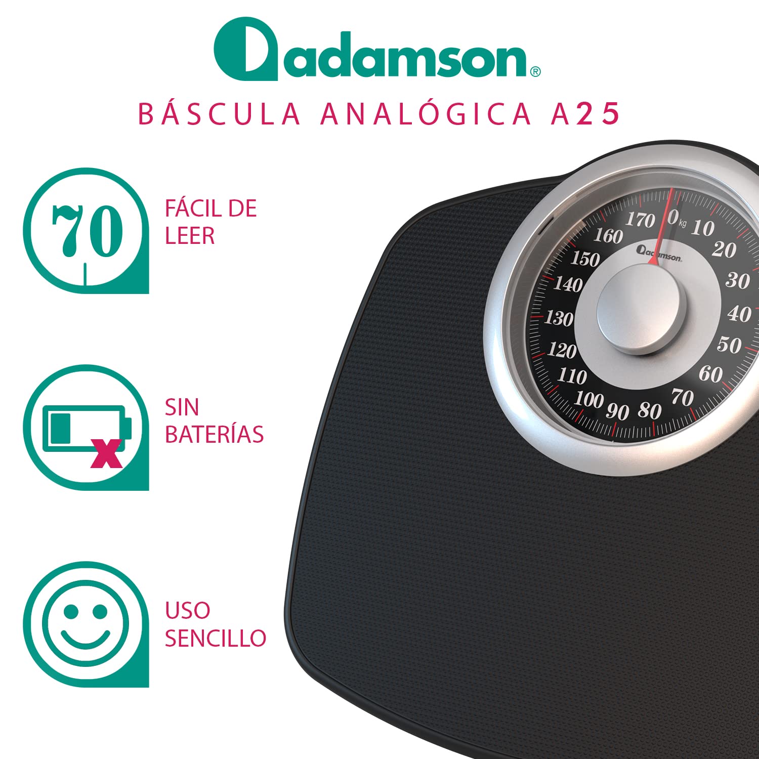 Adamson A25 Báscula Para Peso Corporal - Hasta 180KG - Esfera de 5,3” en Plataforma de 31x30 CM - Superficie de Goma Antideslizante - Báscula de Baño Analógica - Duradera Con Garantía de 20 Años
