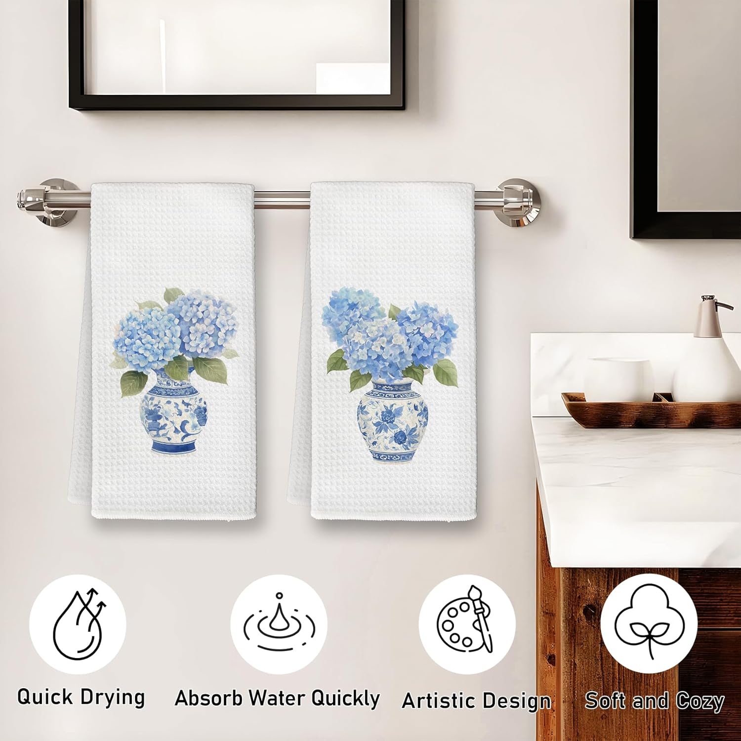 Chinoiserie Hydrangea Kitchen Towels, Blue and White Porcelain Floral Hand Dish Towels Decor, Blue Hydrangea Grandmillennial Tea Towel for Kitchen Bathroom Decorative, 16x24 Inch Set of 2 - Image 6