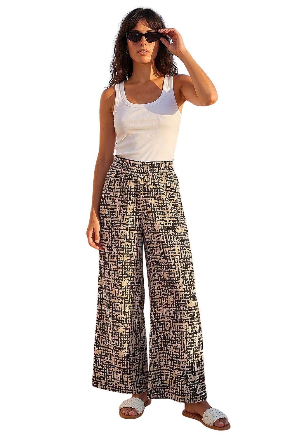 Roman Women's Black Textured Print Elastic Waist Stretch Trouser In Large