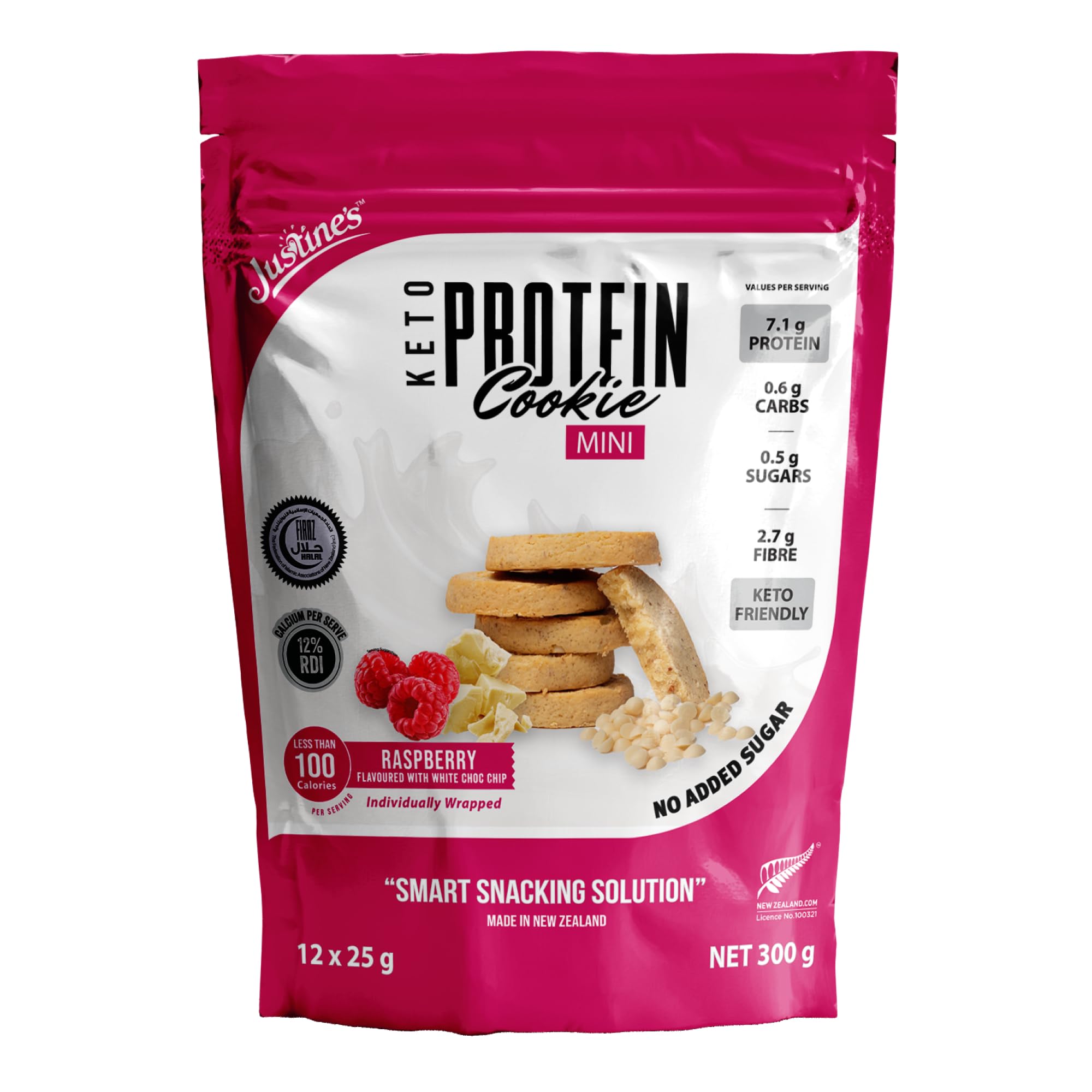 Justines Protein Cookie Mini Raspberry (12 X 25 Grams Each) | 7.1G Protein & 2.7G Fibre | Smart Snacking Solution | No Added Sugar | Keto Friendly | Guilt Free