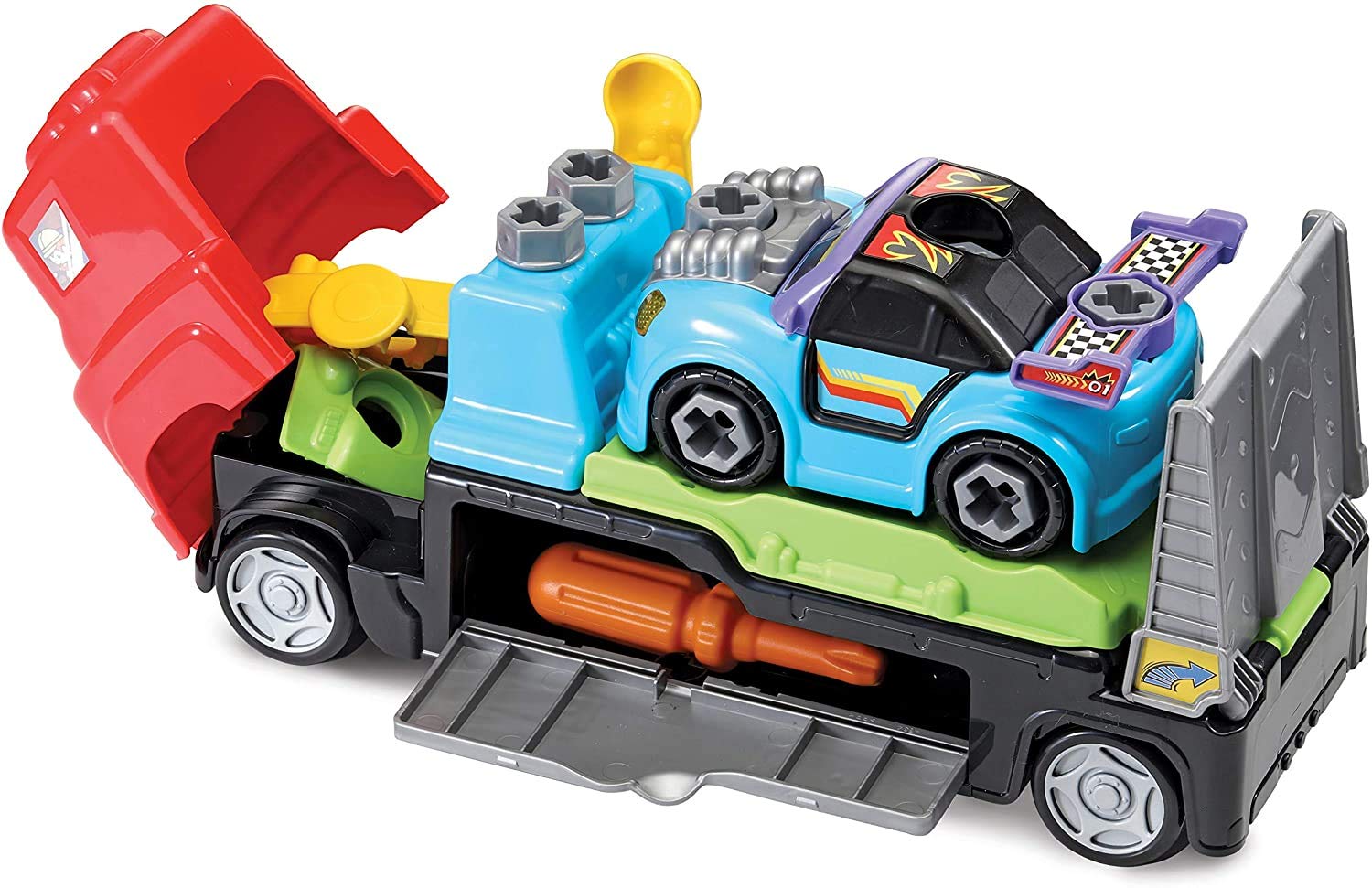 VTech - Tunning el camión Taller, Tráiler Interactivo con Herramientas y Accesorios para Arreglar tu Coche, aprende sobre vehículos y Seguridad Vial, Diferentes misiones y retos (80-517622)