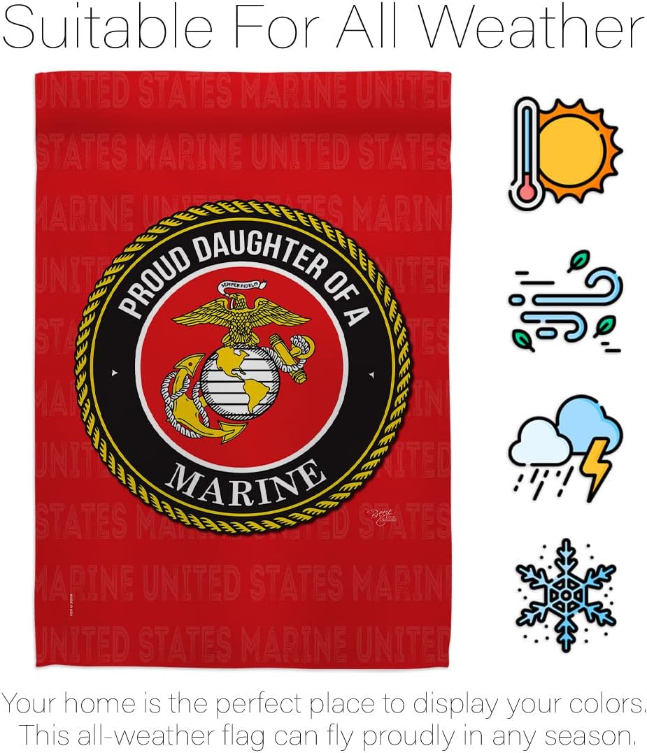 Breeze Decor Proud Daughter Garden Flag Set Wood Dowel Armed Forces Marine Corps USMC Semper Fi United State American Military Veteran Retire Official House Yard Gift Double-Sided, Made in USA