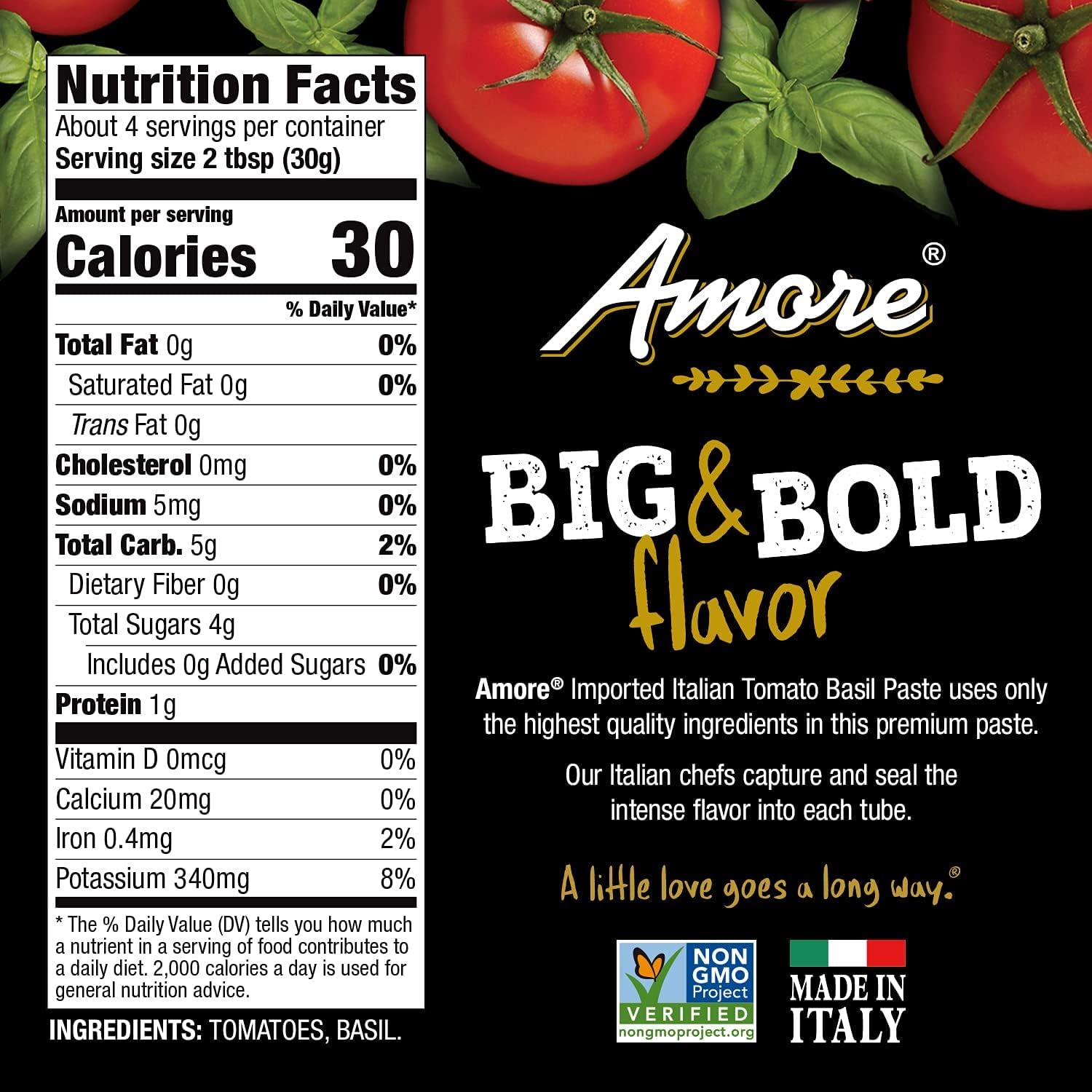 Amore Vegan Basil Tomato Paste In A Tube (4.5oz) - Non GMO Certified and Made In Italy (2 pack)