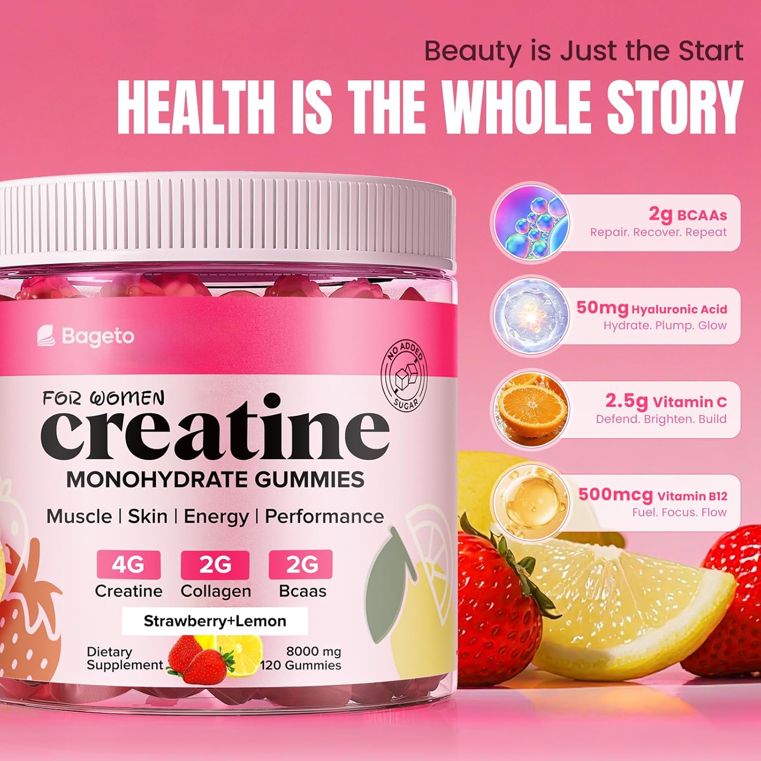 Creatine Gummies for Women, 8000 MG Complex with Collagen + BCAAs + Vitamin C & B12, Creatine Monohydrate Gummies for Women, for Booty, Energy & Strength, Sugar Free 120 Count Strawberry-Lemon Flavor