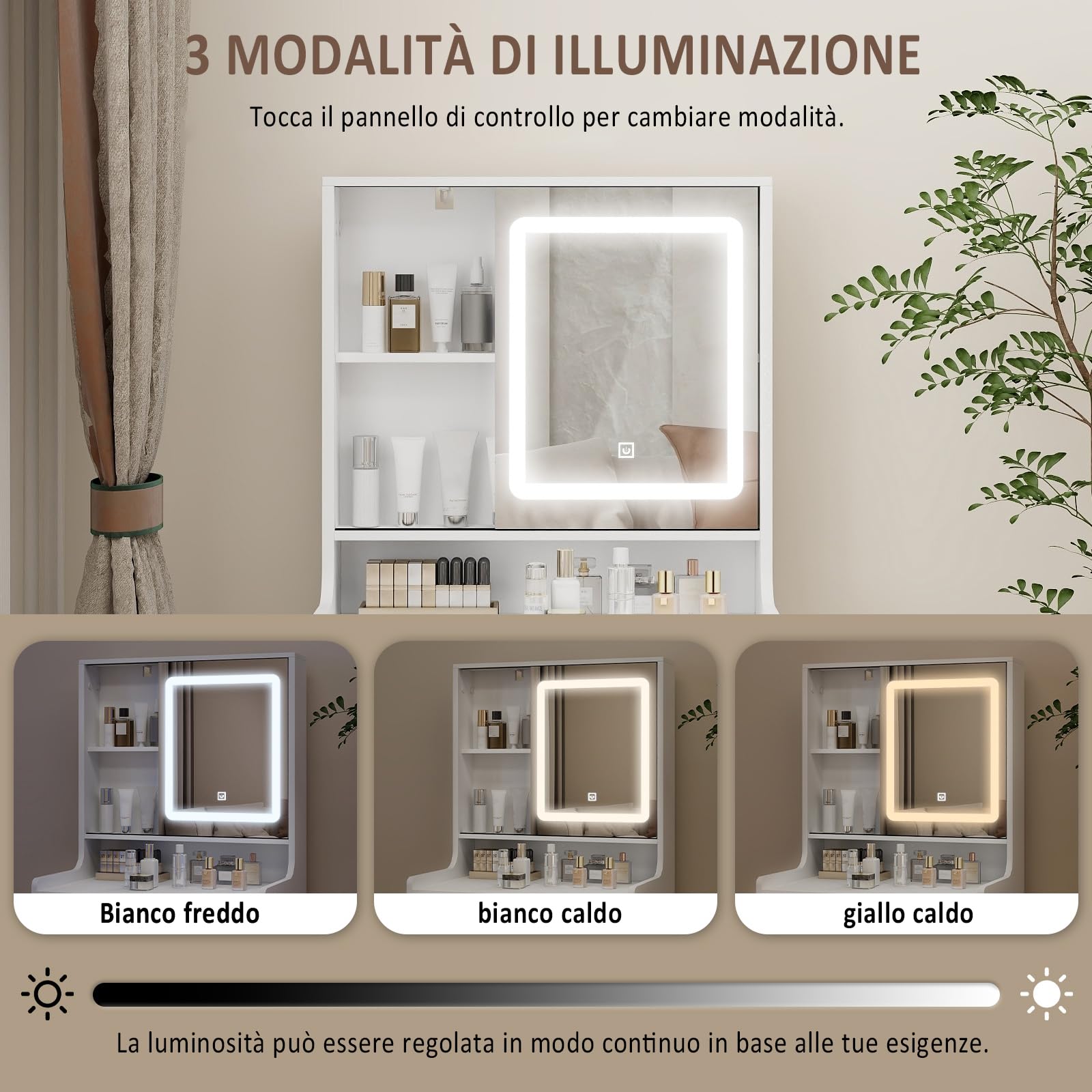 YU YUSING Toeletta Trucco con Luci LED e Specchio 3 Colori, Tavolo da Trucco con Sgabello, 3 Cassetti e 5 Ripiani, Postazione 60cm Vanity Desk for Makeup, Camera da Letto Soggiorno, Moderno, Bianco