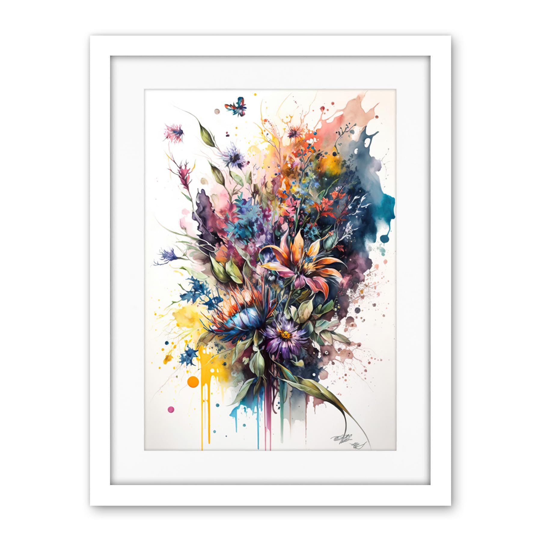 Artery8 Flower Bouquet Illustration over Watercolour Splat Artwork Framed Wall Art Print 18X24 Inch