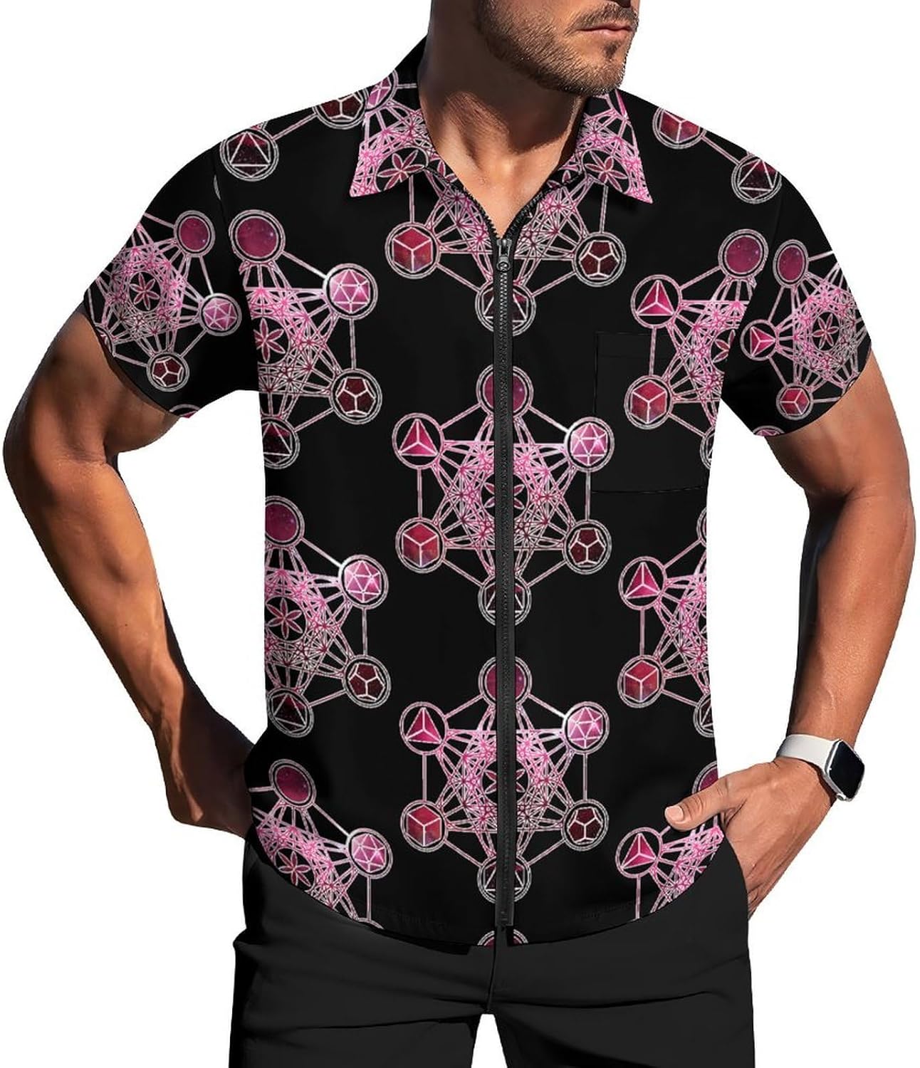 Metatron's Cube Sacred Math Men's Short Sleeve Shirt Zip-Up Golf Polo Shirts with Pocket