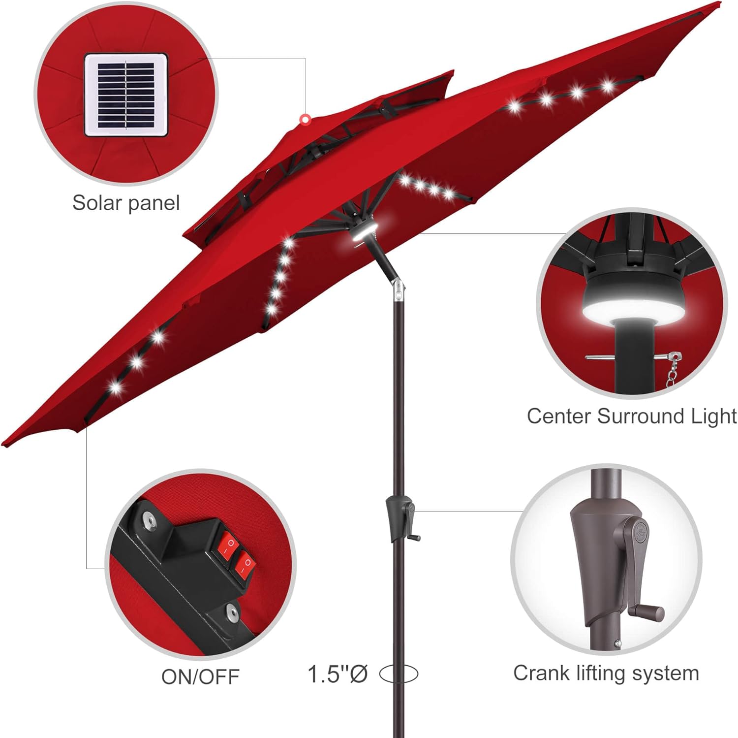 9ft Solar Umbrella Outdoor - Double Top Lighted Patio Umbrella with 40 LED Lights Waterprool Uv Protection, Table Umbrella with Tilt & Crank for Pool, Porch, Garden, Backyard(Red) - Image 2