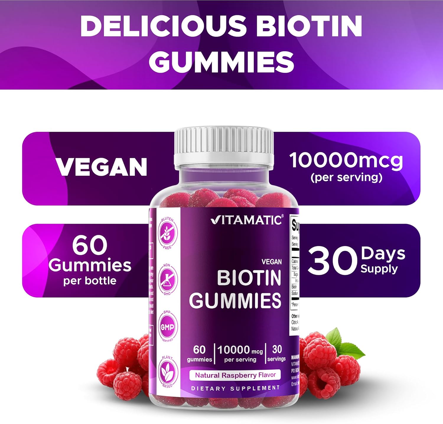 Vitamatic Biotin Gummies 10,000 mcg for Stronger Hair, Skin & Nails - 60 Vegan Gummies - Also Called Vitamin B7 (6 Bottles) - Image 4
