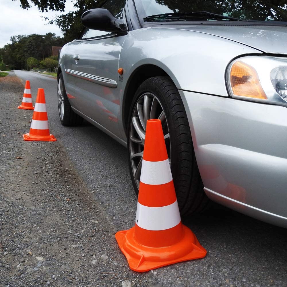UvV 4 x 50 cm Leitkegel Warnleitkegel Pylon 1,2 kg schwer 500 mm Verkehrshütchen Kegel Orange mit 2 weissen Streifen (Folie) stapelbar Hergestellt in Delbrück (Orange-Weiss)