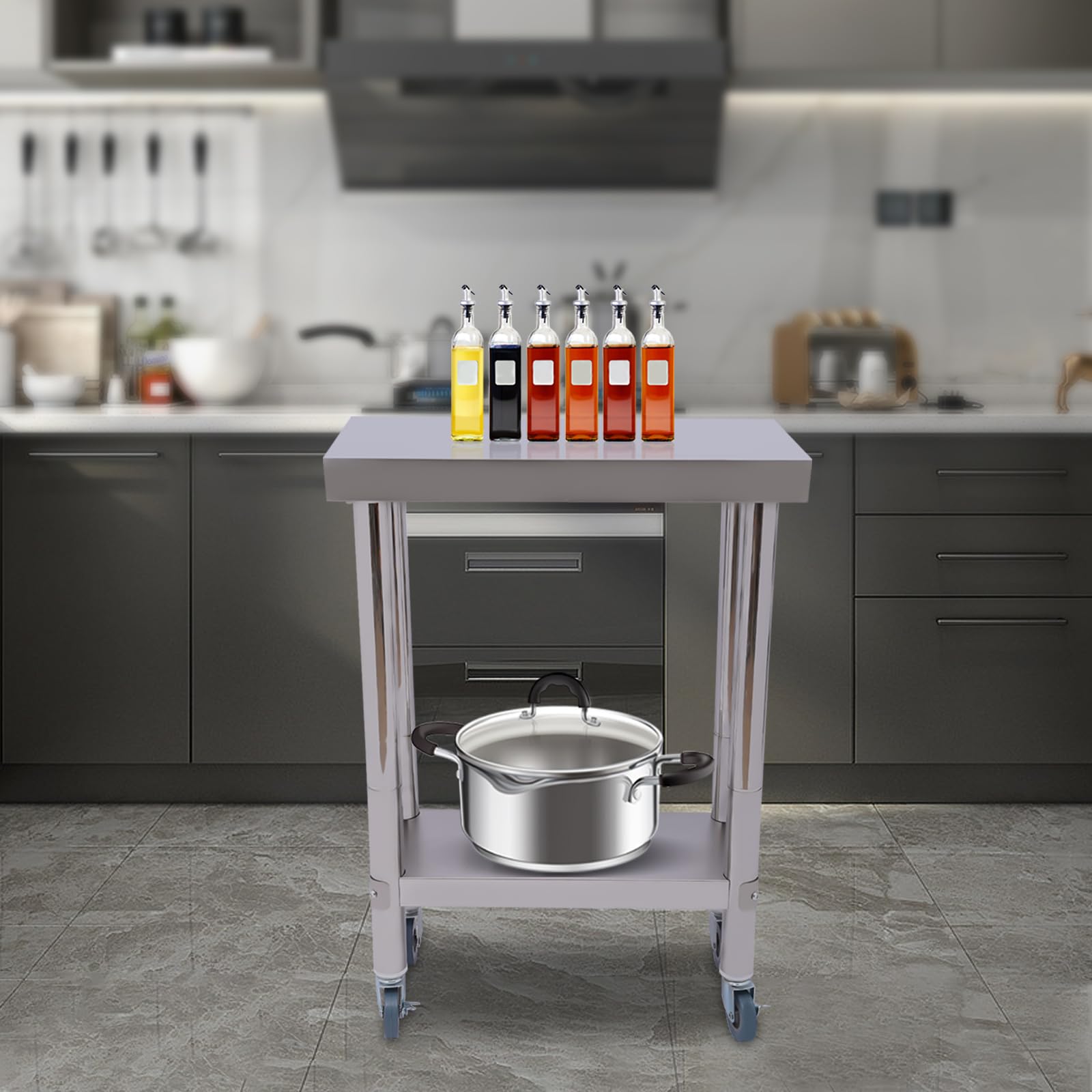 Mesa de trabajo de 2 niveles de acero inoxidable, 60 x 30 x 85 cm, mesa de trabajo comercial resistente con estante inferior y ruedas para restaurante, casa y hotel