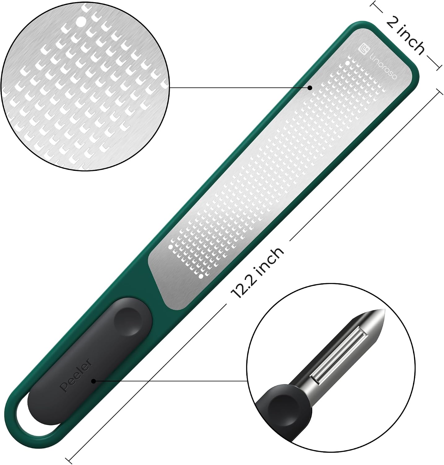 linoroso Lemon Zester & Peeler 2 in 1, Multifunction Kitchen Tool - Handheld Grater for Cheese, Lemon, Peeler for Potato, Carrot, Cucumber - Razor Sharp Stainless Steel Blade with Protective Cover