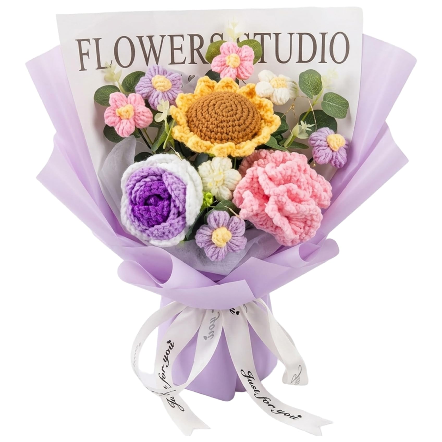 Uanqfegy Crochet Flower Bouquet - Knitted Roses & Tulips, Long-Lasting Bouquet for Birthday Mother Teacher Home Decor, Purple