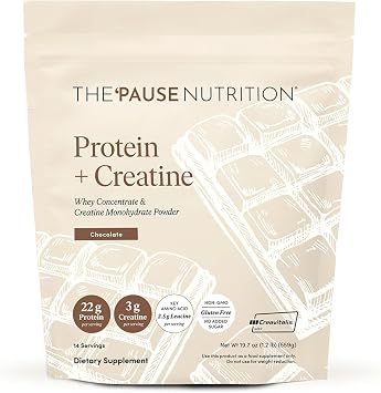The Pause Life Protein + Creatine + BCAAs, Chocolate Whey Protein, 17.8 oz | Creavitalis creatine monohydrate + whey protein + BCAAs for men & women. Gluten free, low sugar, non-GMO. 14 servings.