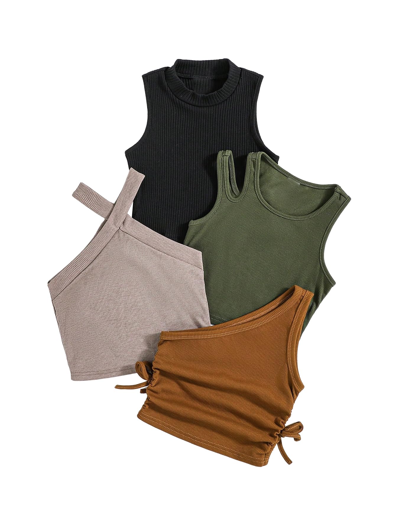 OYOANGLE Toddler Girl's 4 Pack Ribbed Knit Crop Tank Tops Summer Camisole | One Shoulder, Crewneck, Cut Out, Sleeveless, Cute, Summer Casual, Crop Tops for Kids
