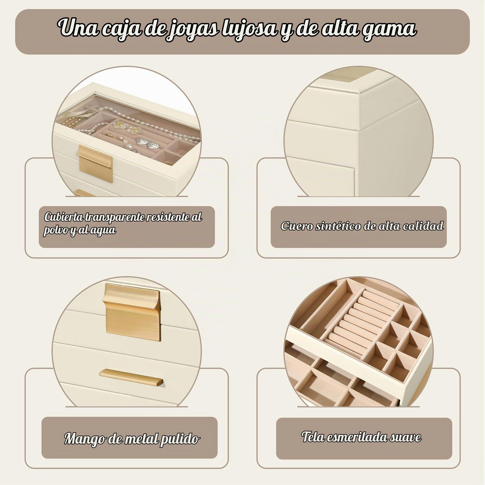 Caja Joyero Mujer de 4 Niveles, Joyeros Organizador Joyas Cuero PU | 3 Cajones, Gran Capacidad, Joyería Joyero para Mujeres y Niñas para Pendientes, Cadenas, Pulseras - Beige