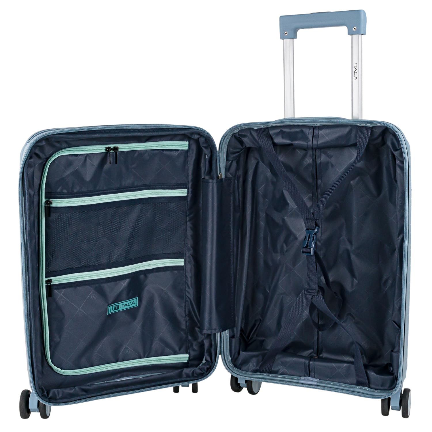 ITACA - Trolley Bagaglio A Mano 55x40x20 leggero rigido con ruote girevoli ideale per viaggi in cabina Valigia Bagaglio A Mano compatibile Ryanair. Lucchetto a Combinazione. Estensibile, Cowboy blu