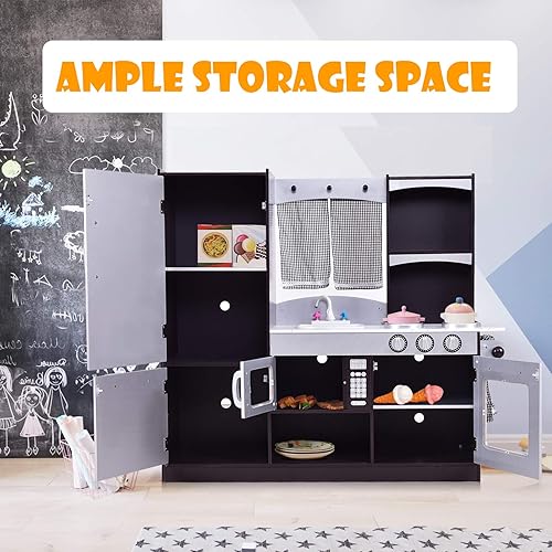 Miniatura 6 de ARLIME Juego de cocina para niños, cocina de juguete de madera con fregadero, estufa, microondas, refrigerador, armarios grandes, cocina de juego de