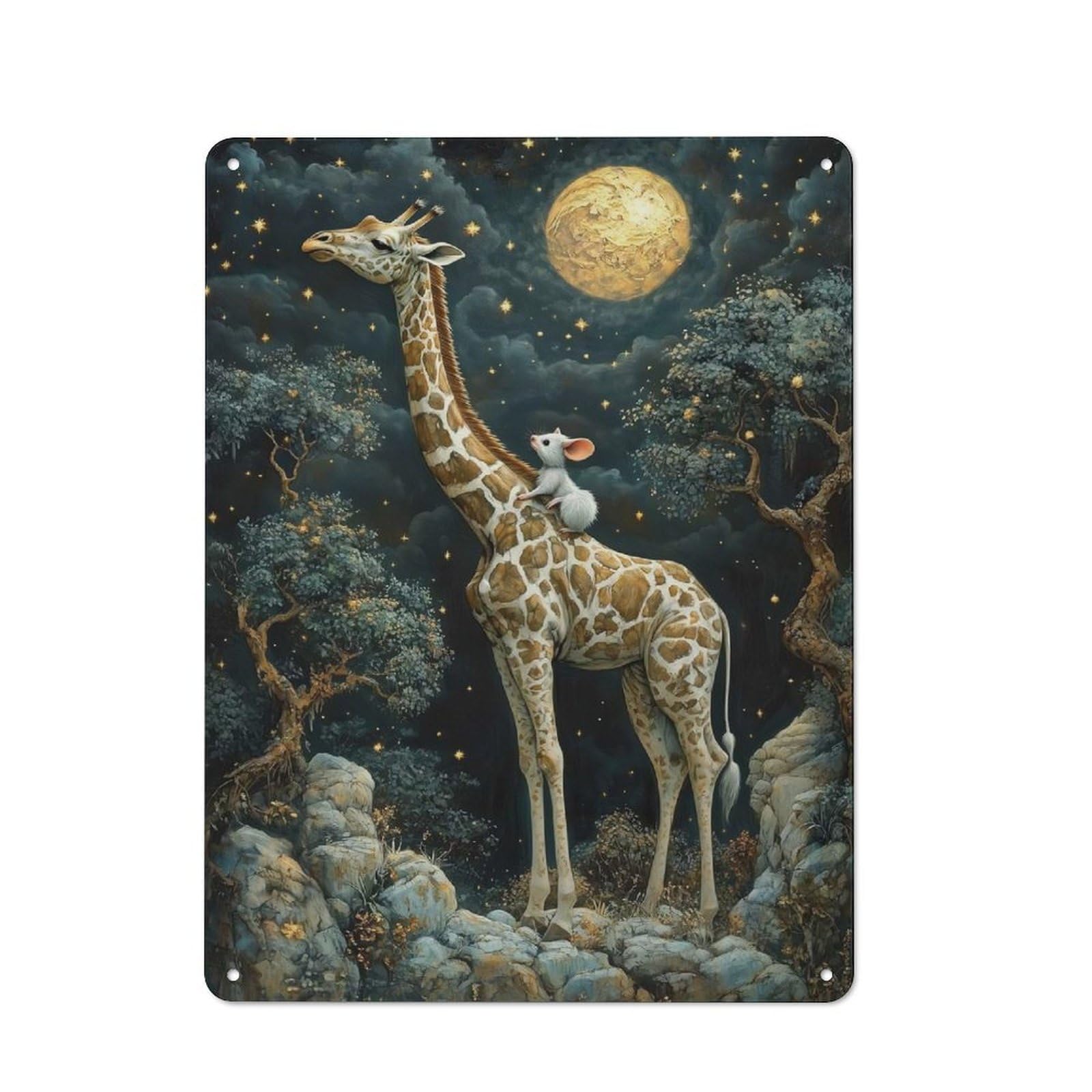 Junmoney Giraffe And Mouse Under Stars Vintage Vintage Tin Sign 40X30cm, Cafe Wall Decor For Bakery, Diner, Cafe Or Family Room