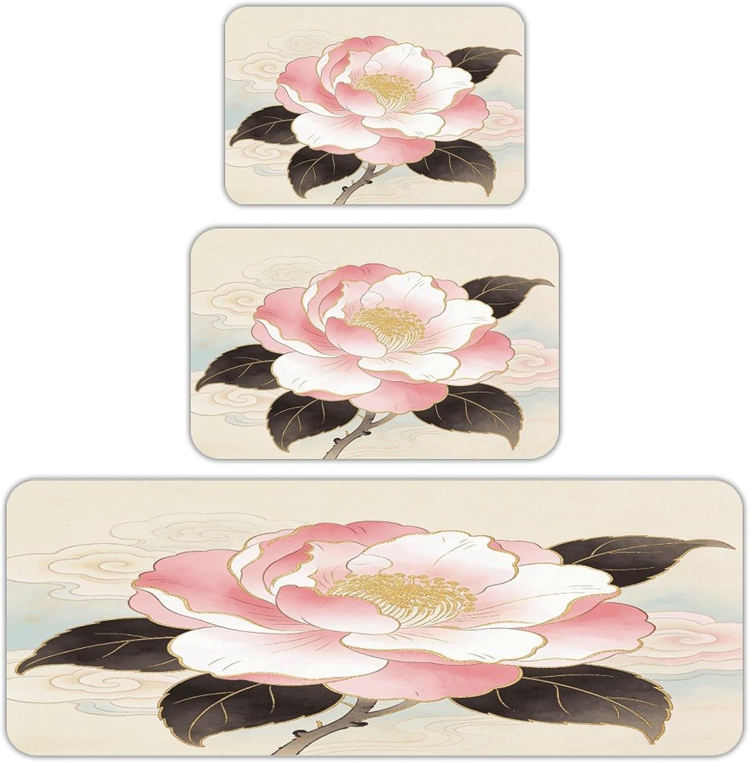 Camellia Kitchen Rugs Sets of 3 Non Slip Kitchen Mat for Floor Comfort Standing Rug and Mats Thick Cushioned Long Area Carpets for Laundry Room Entryway