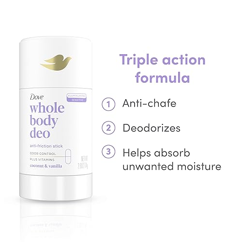 Miniatura 4 de Dove Whole Body Deo - Desodorante antifricción sin aluminio, coco + vainilla para control de olores durante todo el día, 2.6 onzas