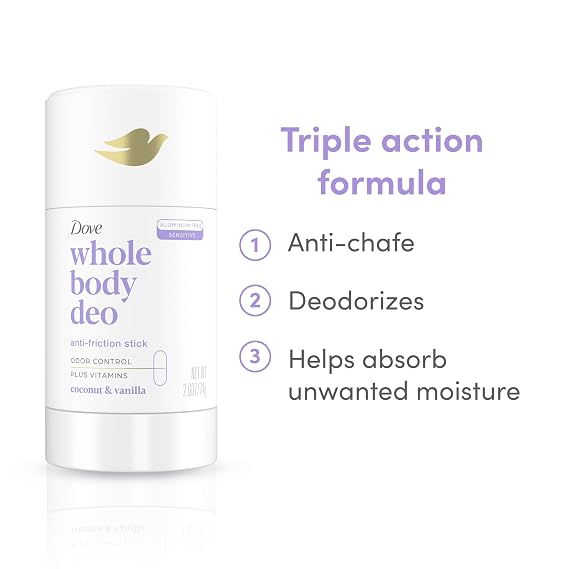 Dove Whole Body Deo Aluminum Free Anti-Friction Deodorant Stick Coconut + Vanilla for All Day Odor Control 2.6 oz