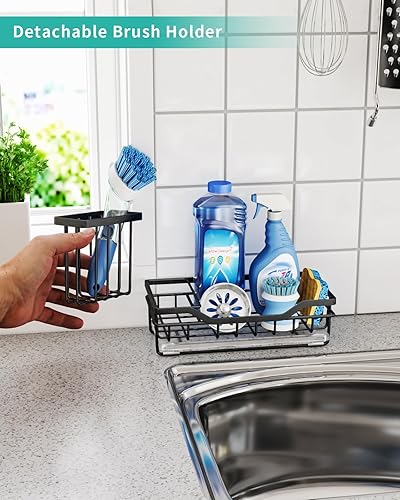 Miniatura 2 de HapiRm Organizador de fregadero de cocina con bandeja de goteo, soporte de esponja versátil para fregadero de cocina con soporte para cepillo